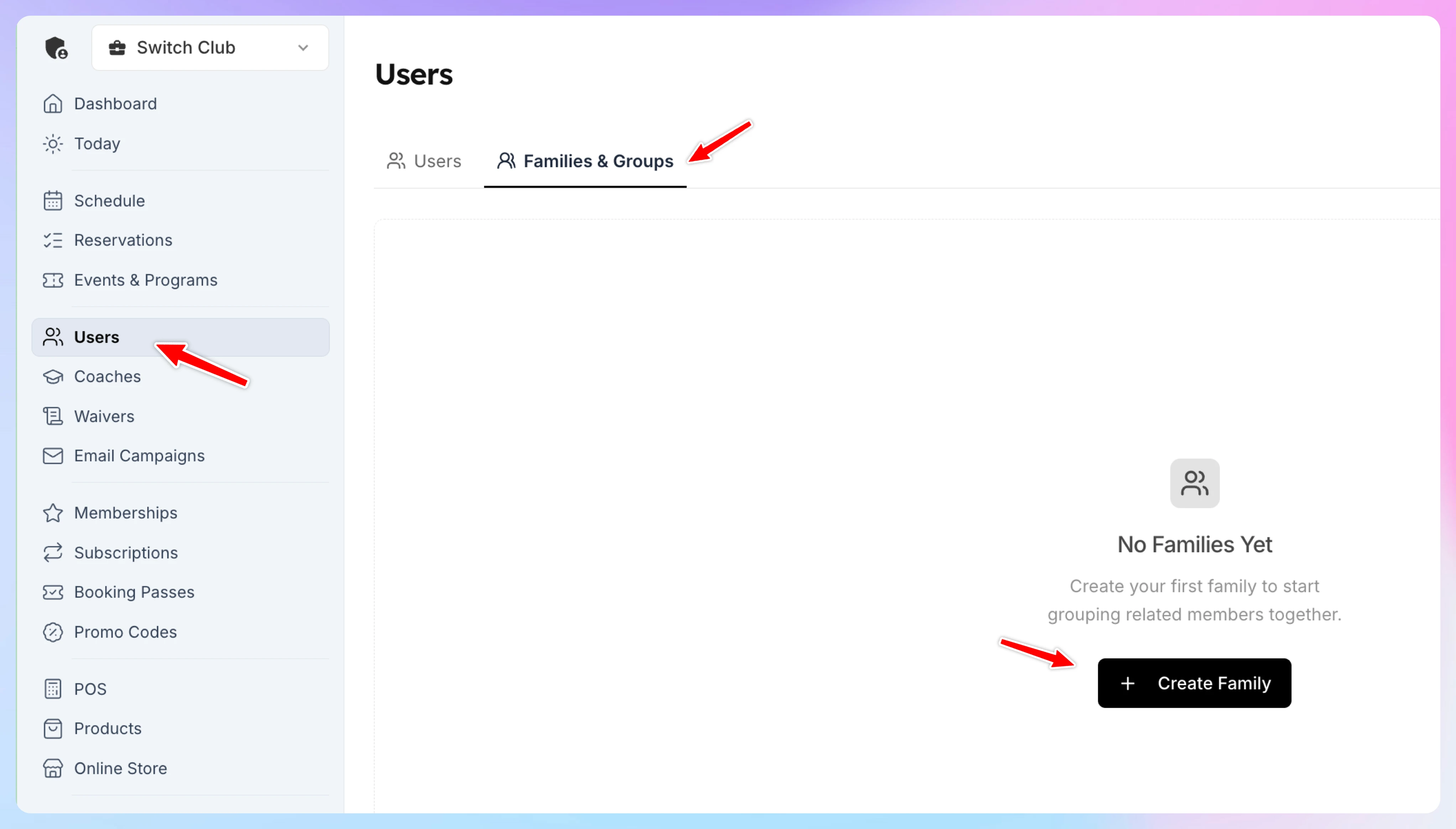 The Families & Groups tab with the Create Family button
