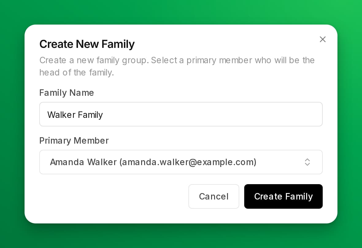 The Create New Family window with a family name and a primary member selected