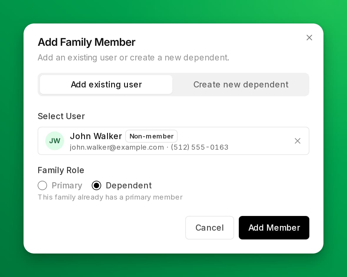 The Add existing user tab with a customer selected