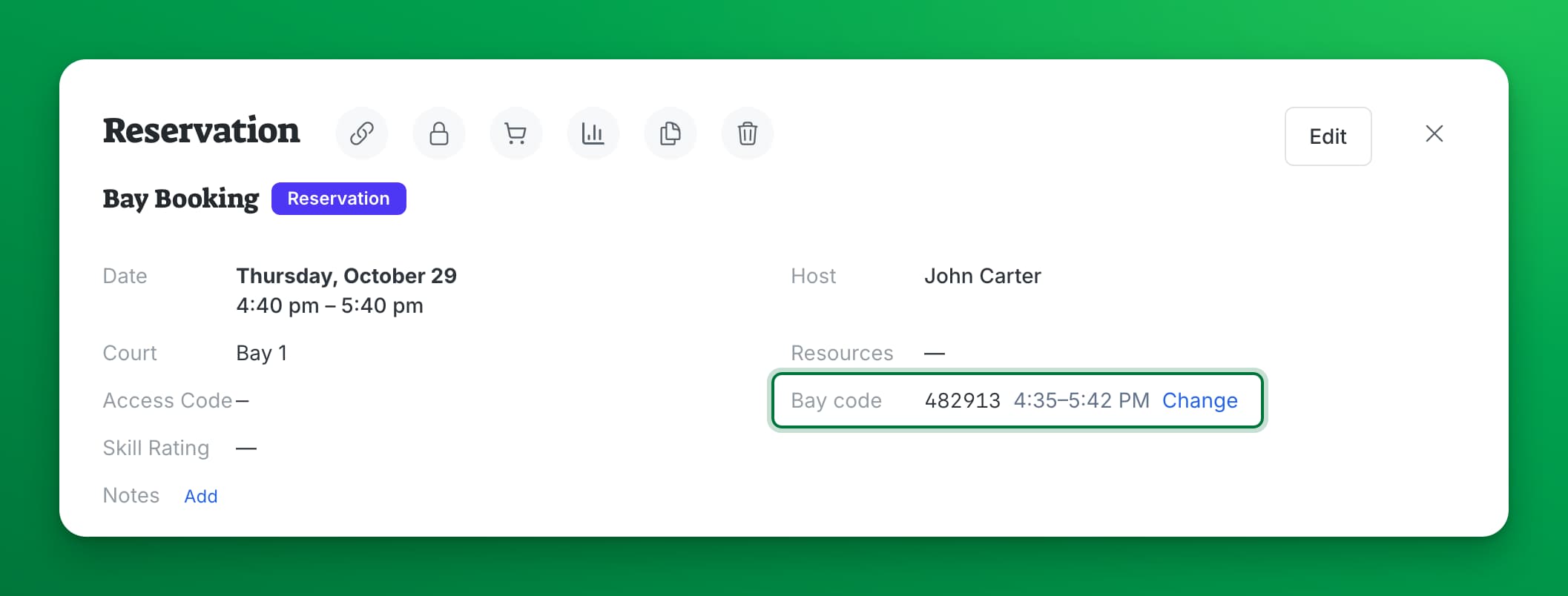 The booking details drawer in the admin panel, with an Access Code row and a Bay code row showing the six-digit code and the window when it works.