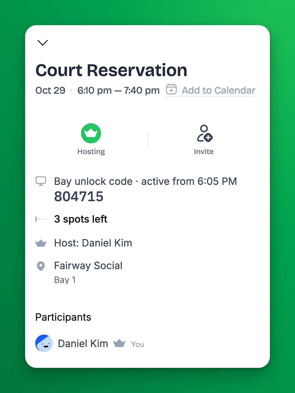 A booking's details in the OpenCourt app, with a row labelled Bay unlock code showing the six-digit code next to the booking's time and bay.