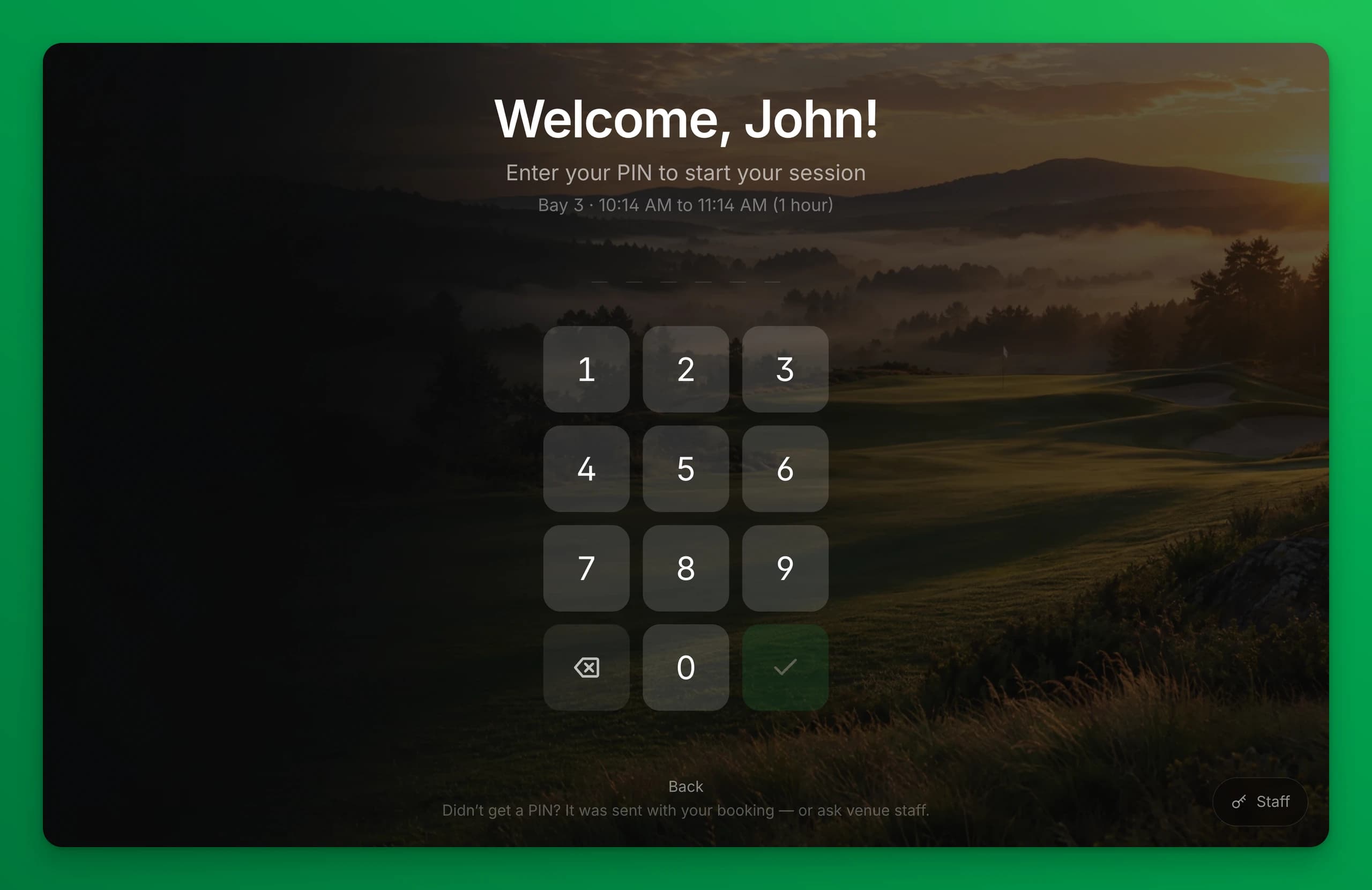 The PIN keypad on a simulator bay: Welcome, John!, Enter your PIN to start your session, the bay name and session times, and a number pad.