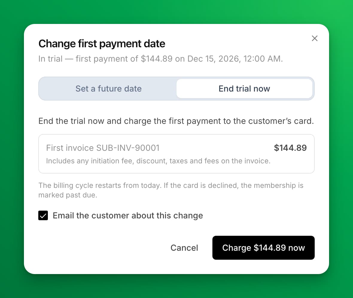 The End trial now tab, with first invoice SUB-INV-90001 for $144.89 and a Charge $144.89 now button