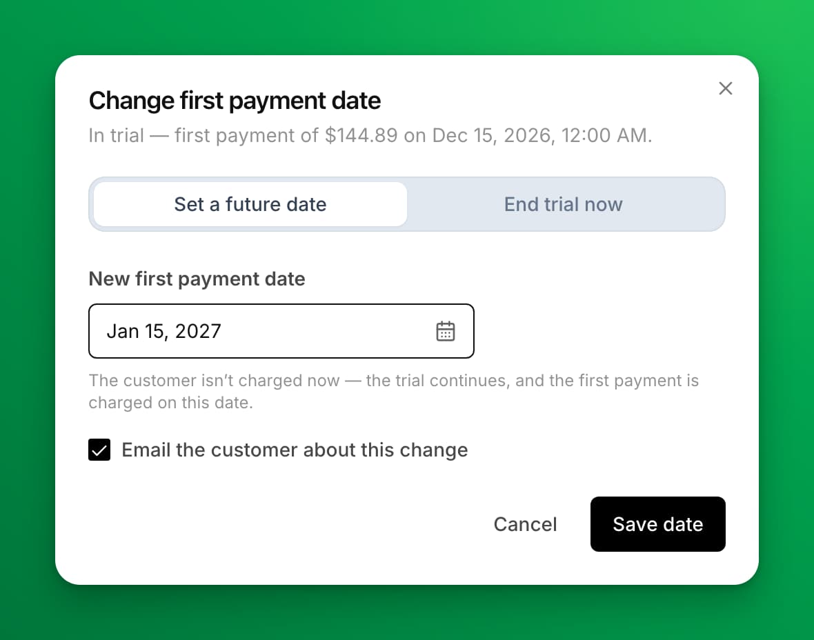 The Change first payment date window with Jan 15, 2027 picked as the new first payment date