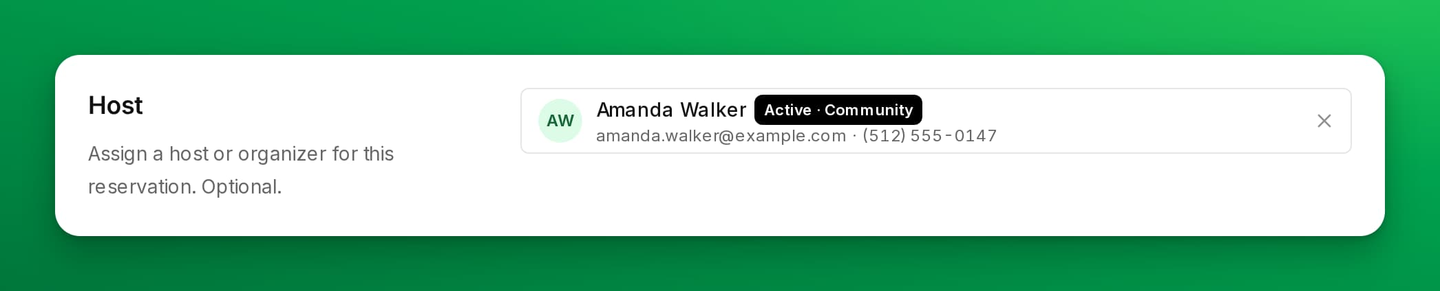 The Host field with a customer selected, showing their membership status, email and phone number