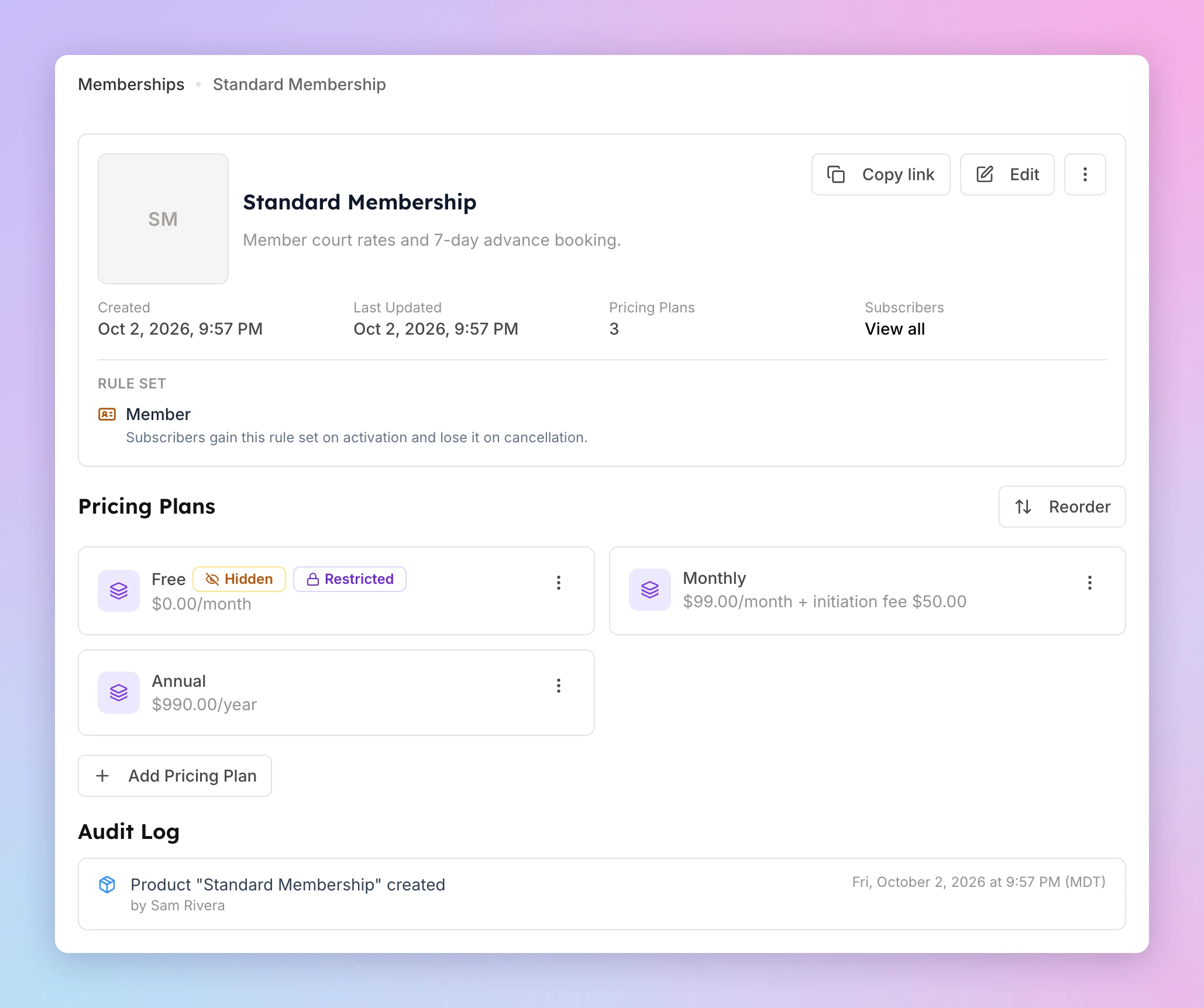 Standard Membership page with the Member rule set and the Free, Monthly and Annual pricing plans