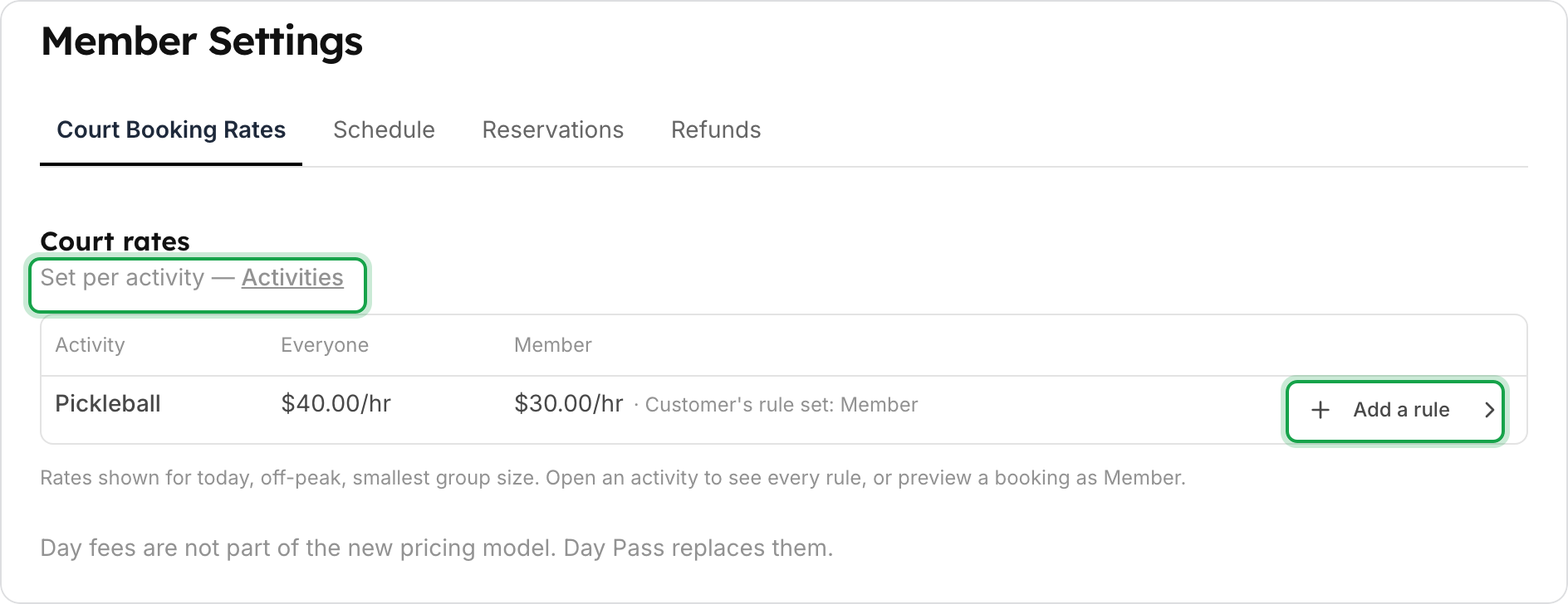 The Court Booking Rates tab of the Member rule set on per-activity pricing. The line Set per activity — Activities is marked. Pickleball costs $40.00 per hour for everyone and $30.00 per hour for Member, with an Add a rule button marked.