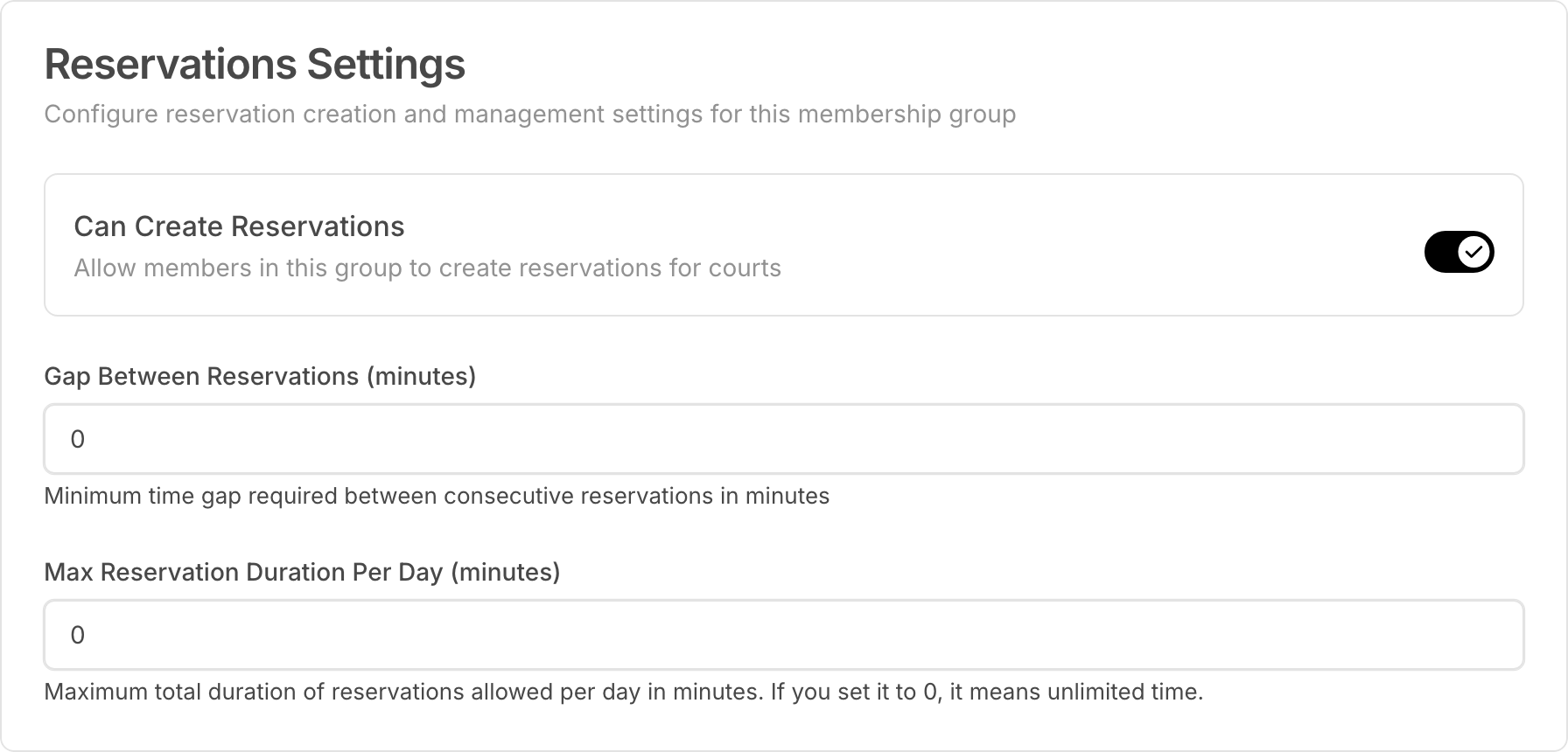 Reservations Settings card with Can Create Reservations turned on and the gap and daily maximum set to 0