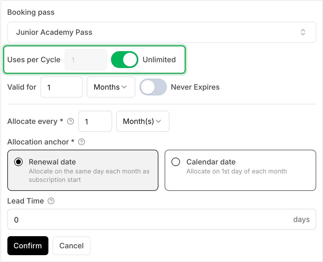 The Booking passes section of a new subscription, with a pass selected, Uses per Cycle set to Unlimited, valid for 1 month, and allocated every month.