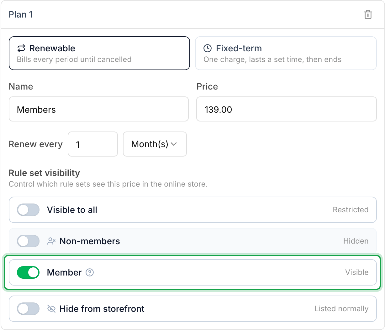 A pricing plan named Members at 139.00 per month. Under Rule set visibility, Visible to all is off, Non-members is hidden, and the marked Member row is visible.