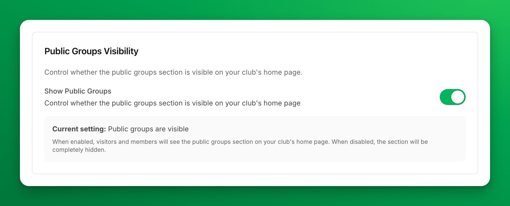 The Public Groups Visibility section of Home Page Settings, with Show Public Groups turned on and the note "Current setting: Public groups are visible".