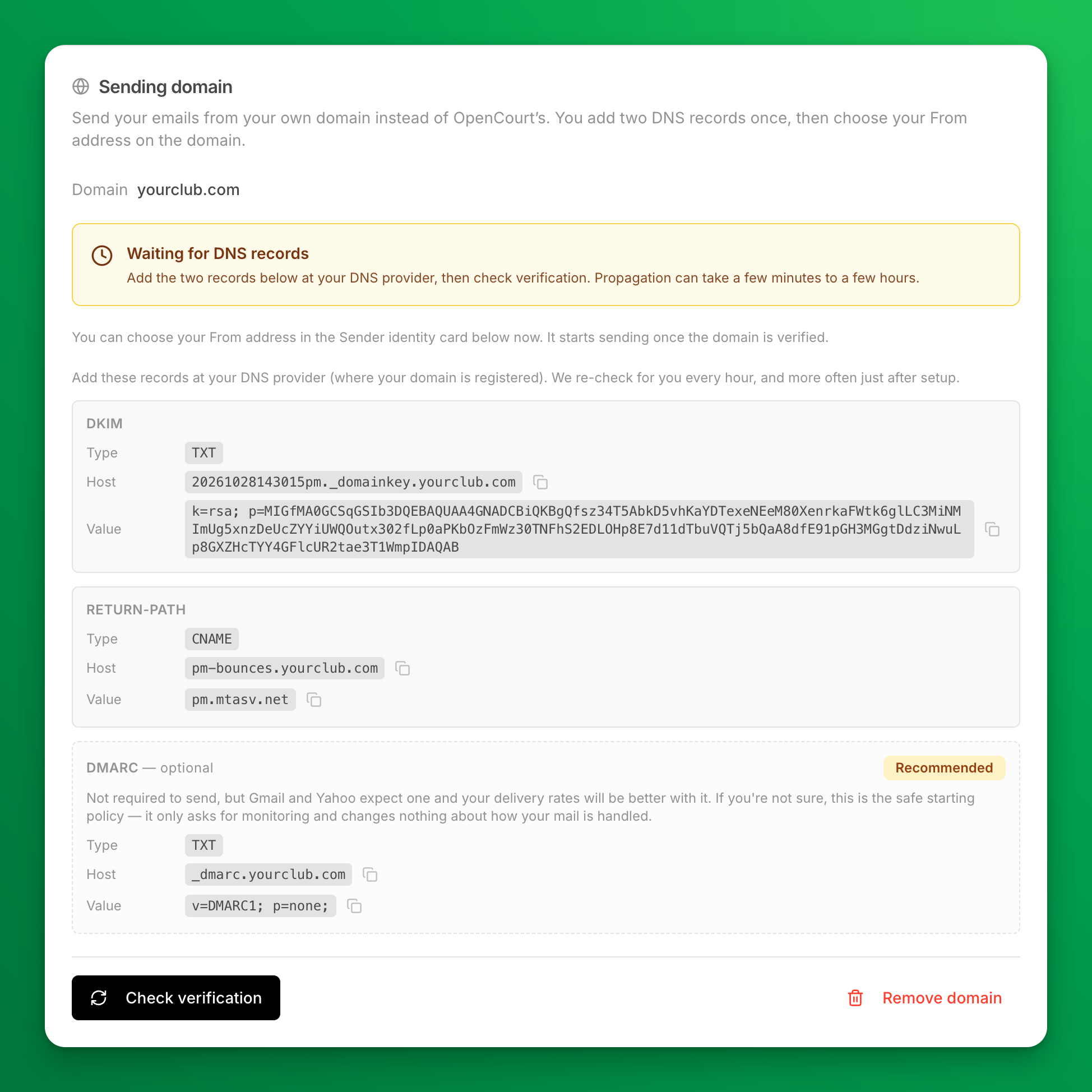 The Sending domain card waiting for DNS records, with the DKIM record (TXT), the Return-Path record (CNAME) and the optional DMARC record marked Recommended, each with a host and value to copy