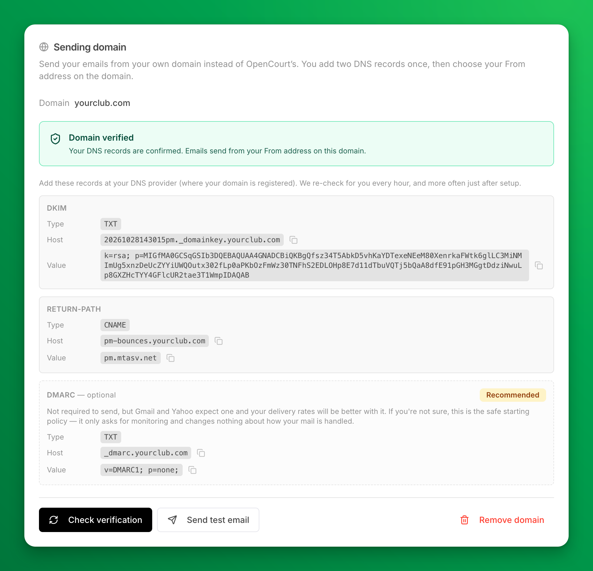 The Sending domain card after the check, showing Domain verified