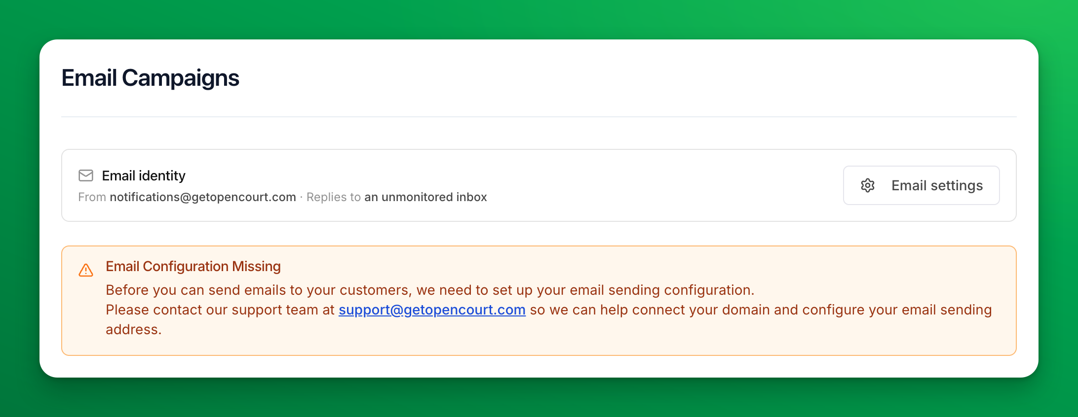 The Email Campaigns page with the Email Configuration Missing notice