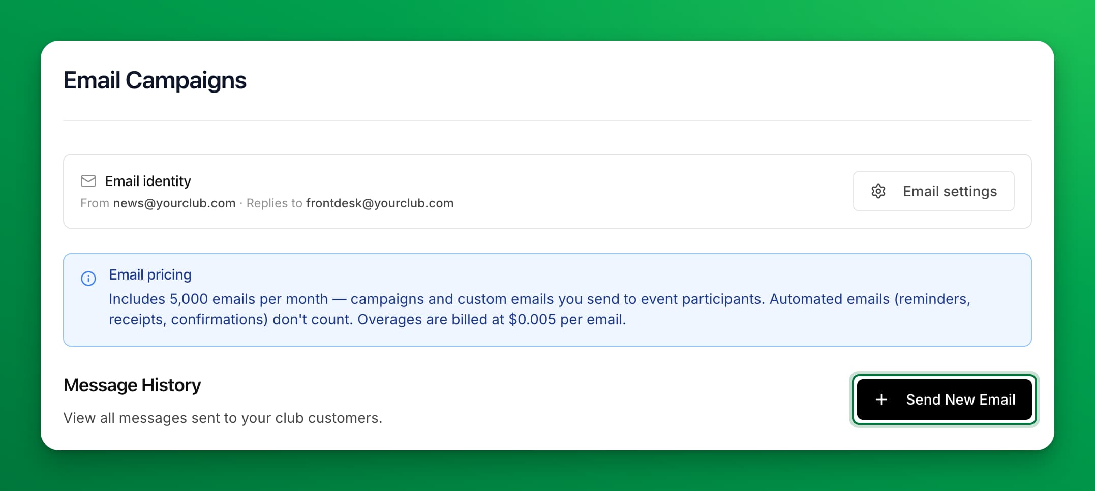 The Email Campaigns page with the Send New Email button next to Message History