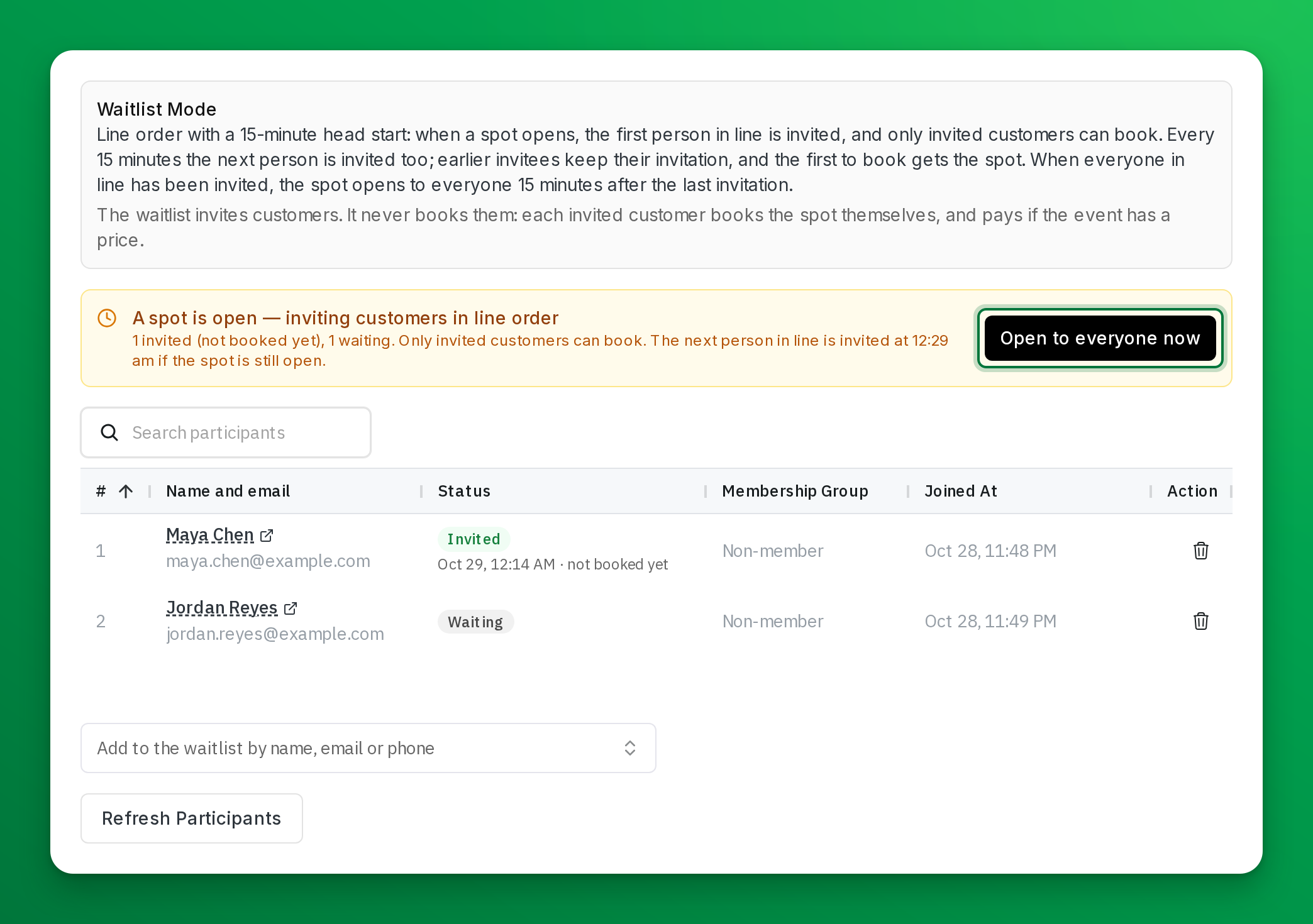 The Waitlist tab of an event: the mode description, a banner saying one customer is invited and when the next is invited, with the Open to everyone now button, and the list of customers with their status