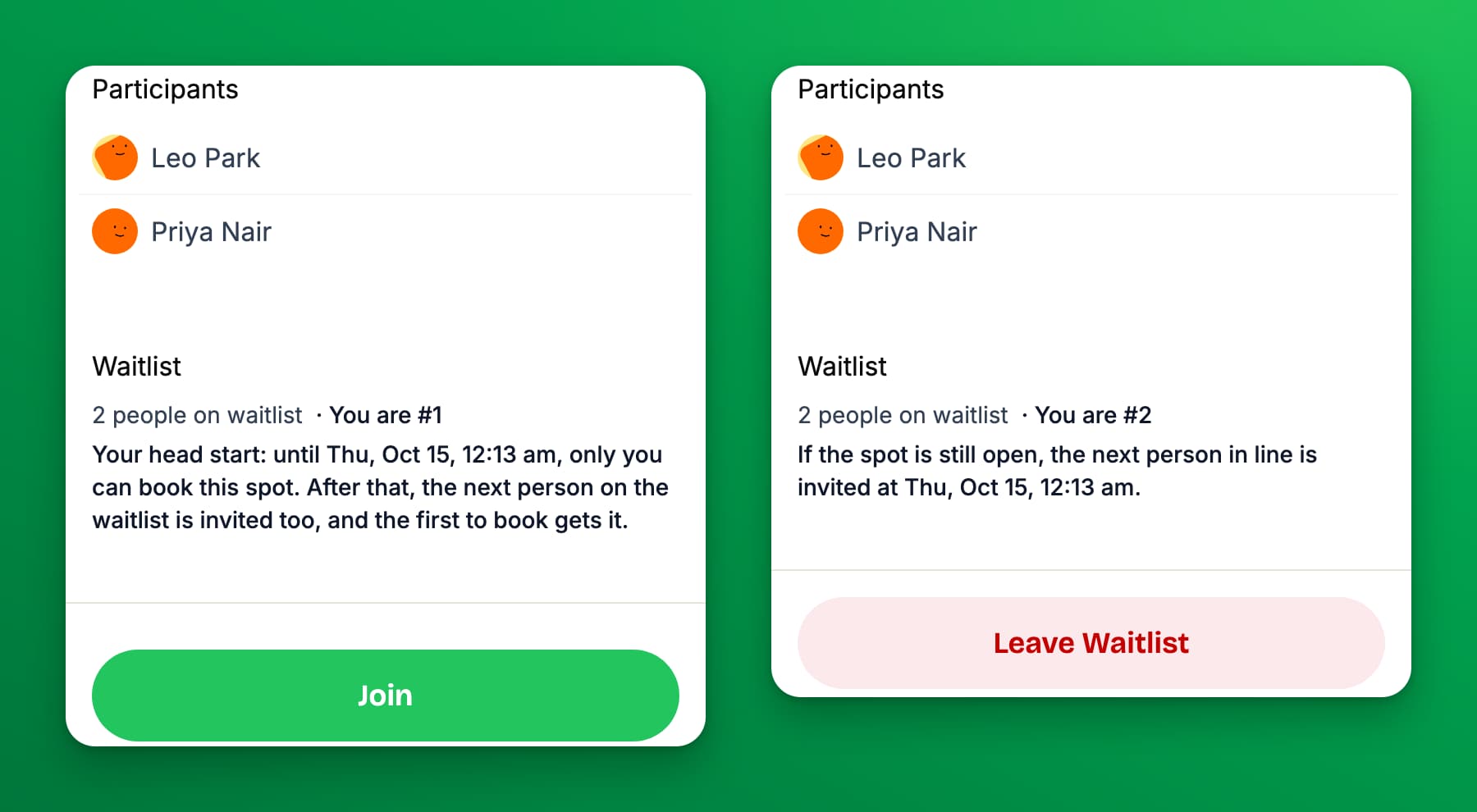 Two phone screens of the same event: the invited customer sees her head start and the Join button; the customer second in line sees when the next person is invited and the Leave Waitlist button