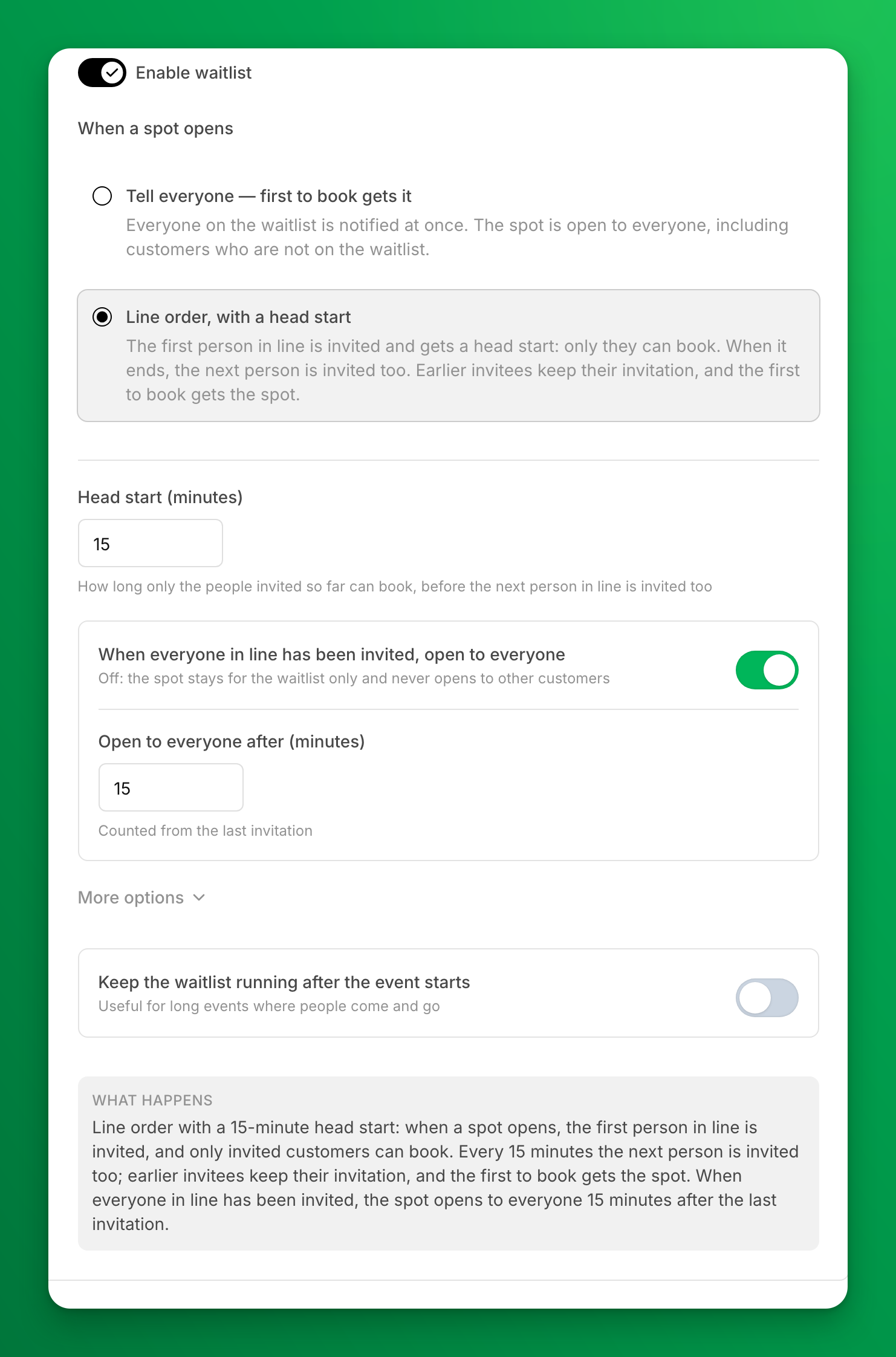 The Waitlist section of the event form with Line order selected, a 15-minute head start, and the spot opening to everyone 15 minutes after the last invitation