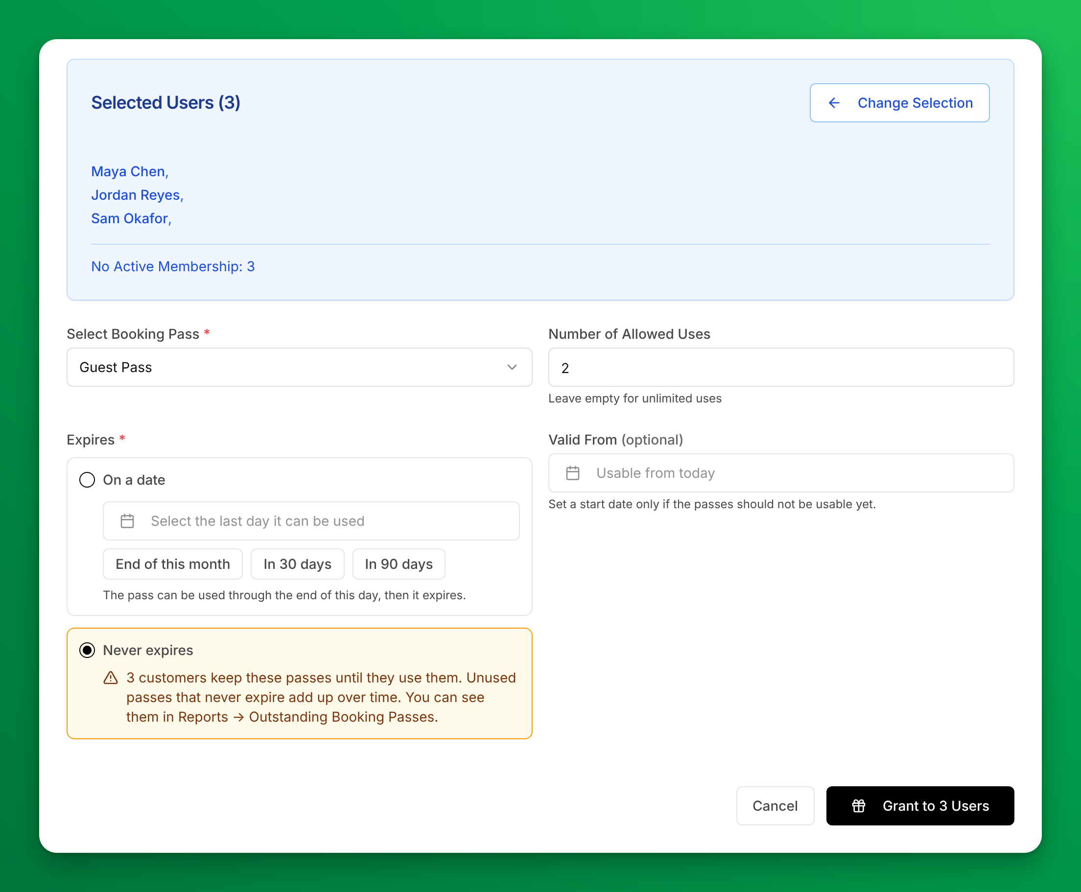 The bulk grant form for three selected customers: Guest Pass with 2 allowed uses, and Never expires chosen. A yellow note says 3 customers keep these passes until they use them, that unused passes that never expire add up over time, and that you can see them in Reports → Outstanding Booking Passes.
