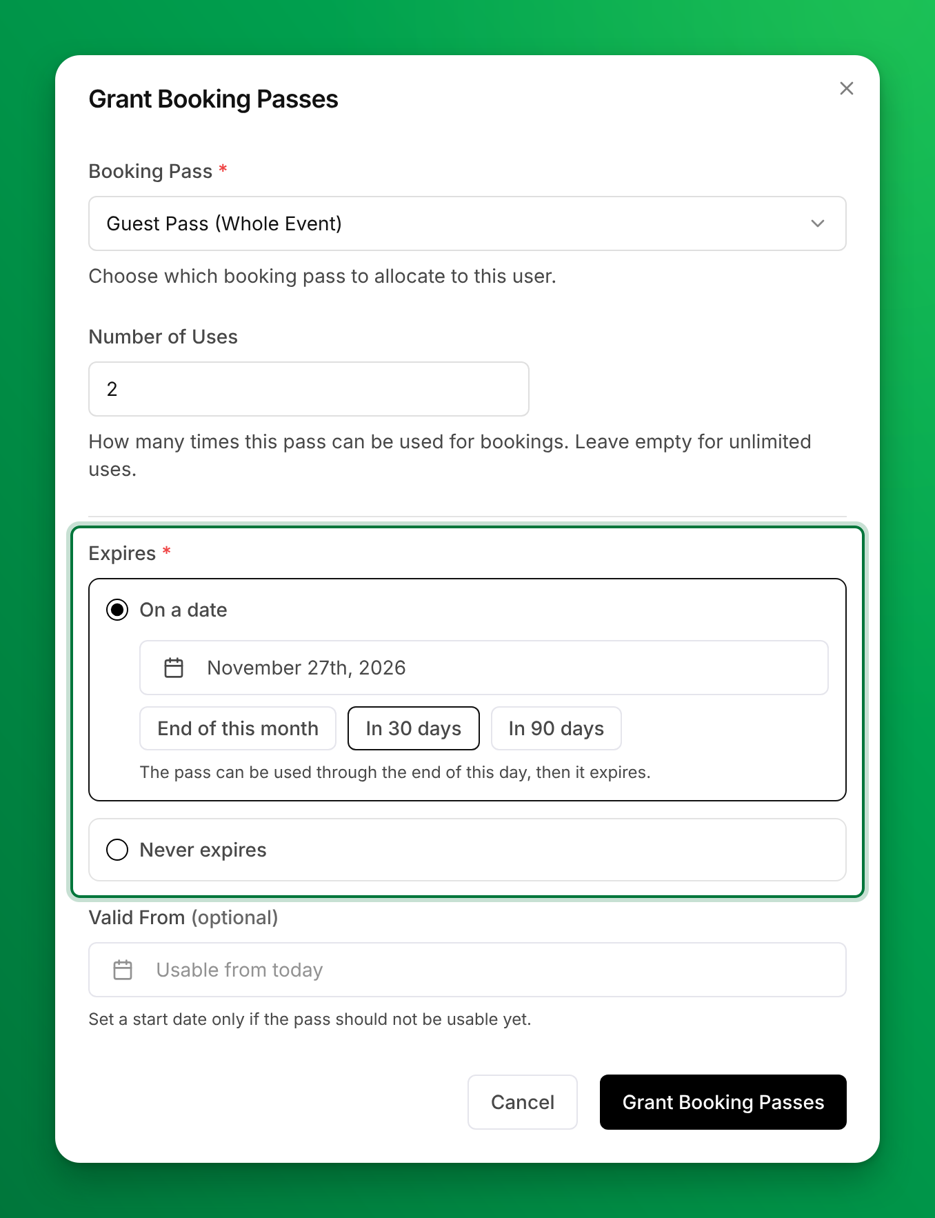 The Grant Booking Passes dialog with Guest Pass selected, 2 uses, and Expires set to On a date with In 30 days picked, which fills in November 27th, 2026. Never expires is not selected. Valid From (optional) is empty and reads Usable from today.
