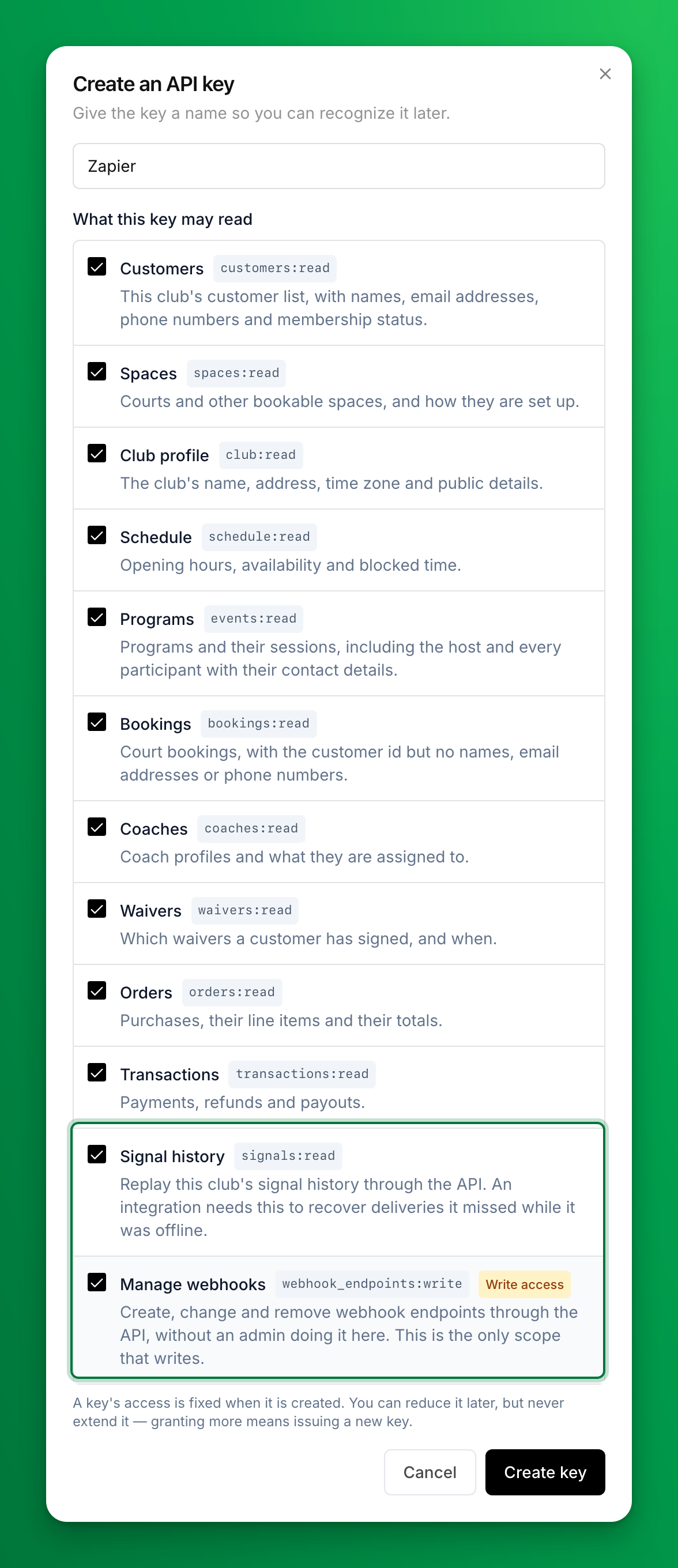 The Create an API key dialog with the name Zapier and the list of what the key may read, every option ticked