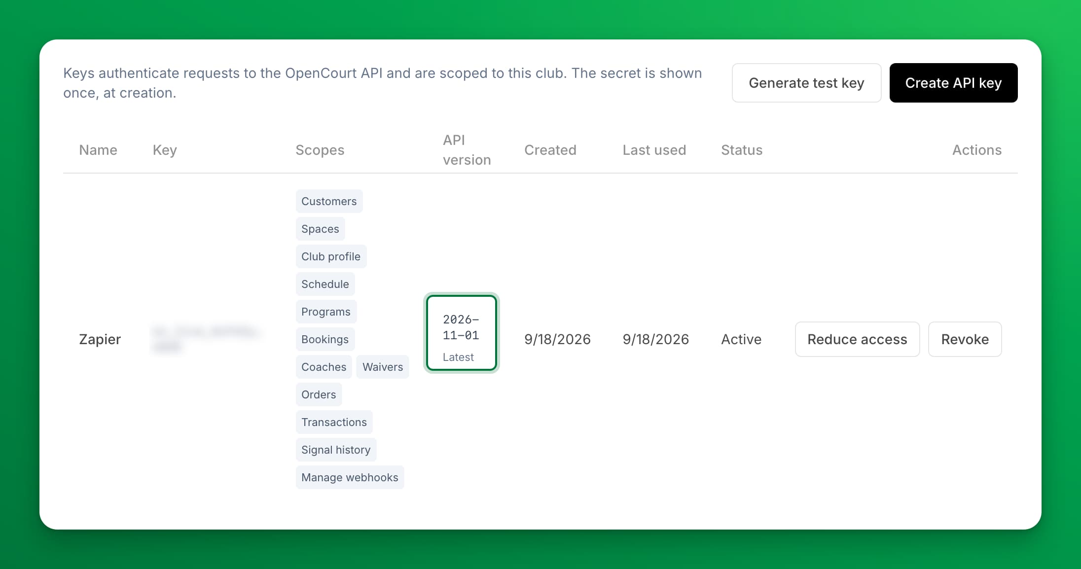 The Keys tab with one key named Zapier, its access, and the API version column showing 2026-11-01 and Latest