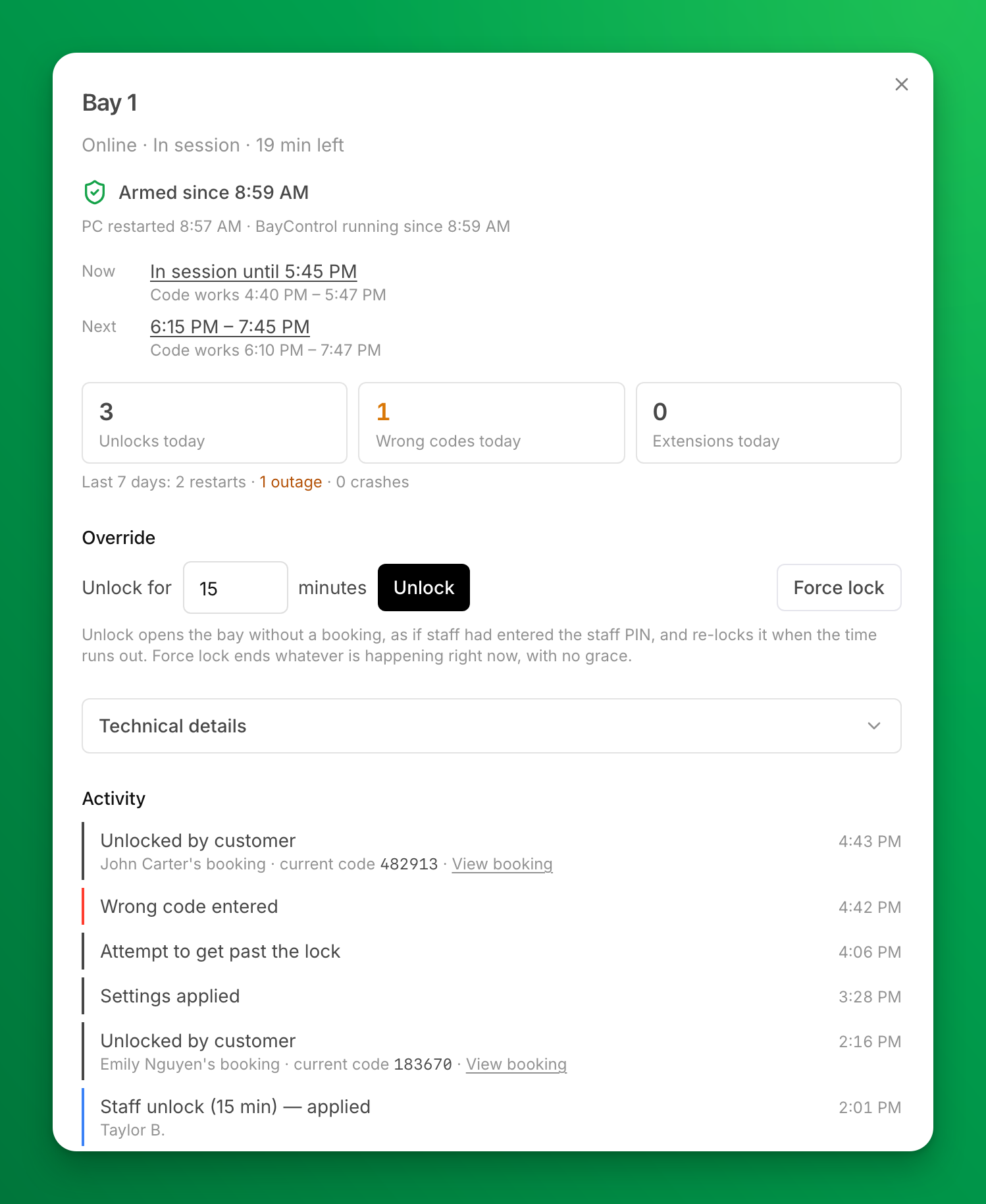 The details panel for one bay: whether it is armed and since when, when its PC last restarted, the booking in progress and the next one, today's unlocks, wrong codes and extensions, and the start of the bay's Activity timeline.