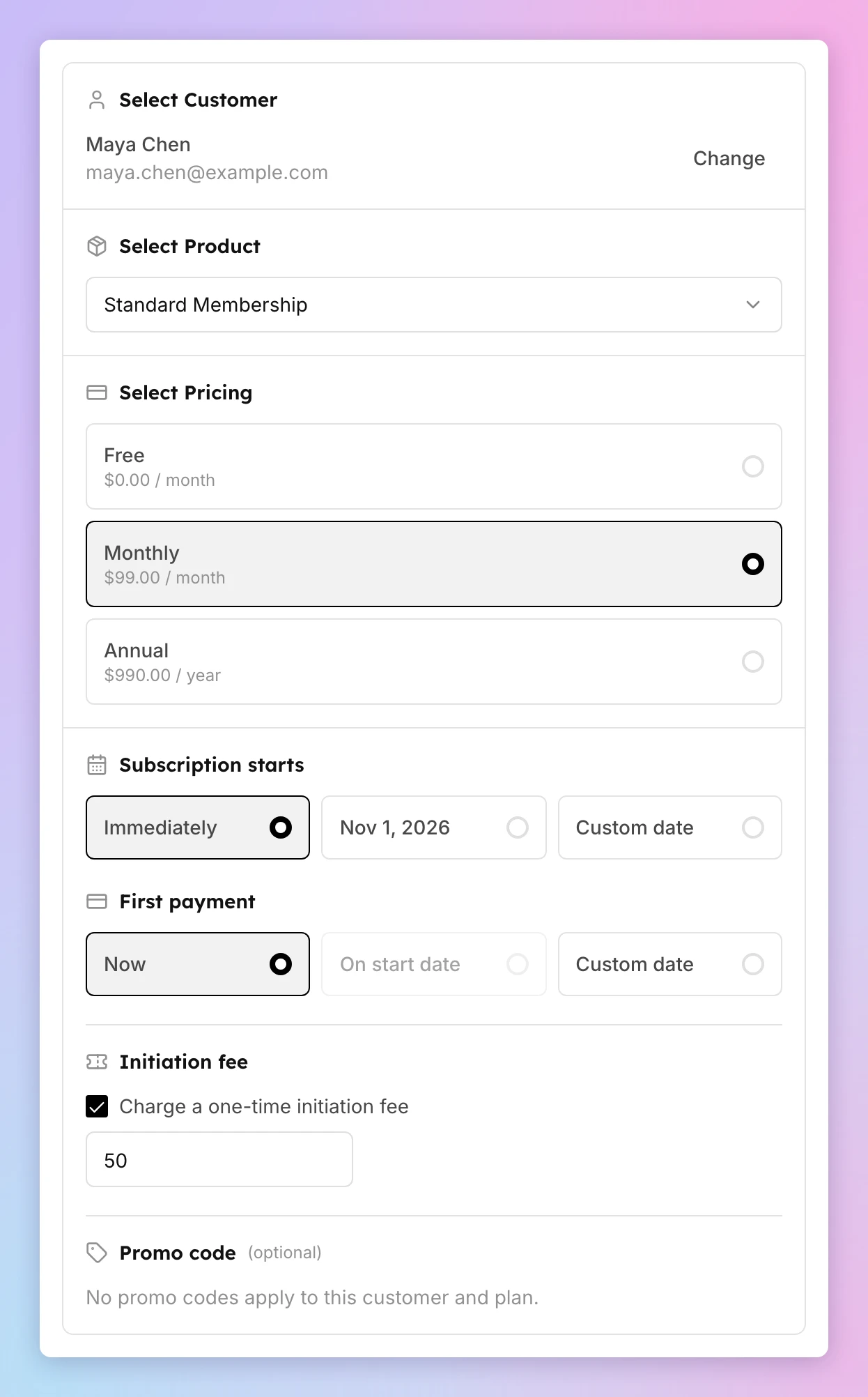 The Create Subscription page with a monthly plan, Immediately, Now, and a 50 initiation fee