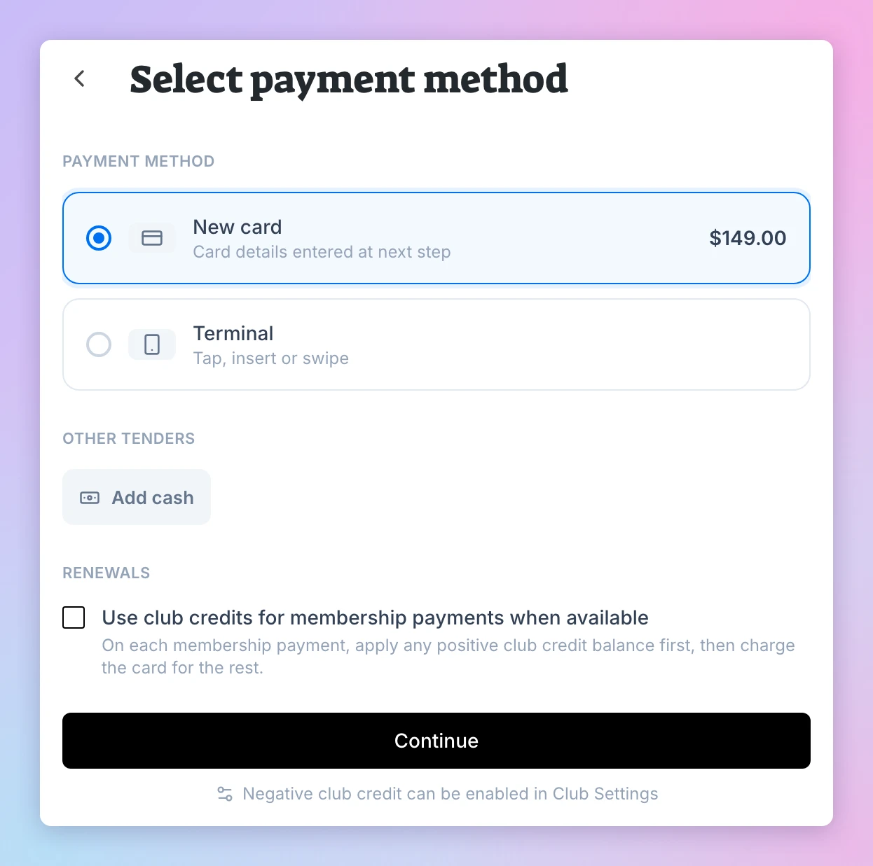 The Select payment method step with New card, Terminal and cash options