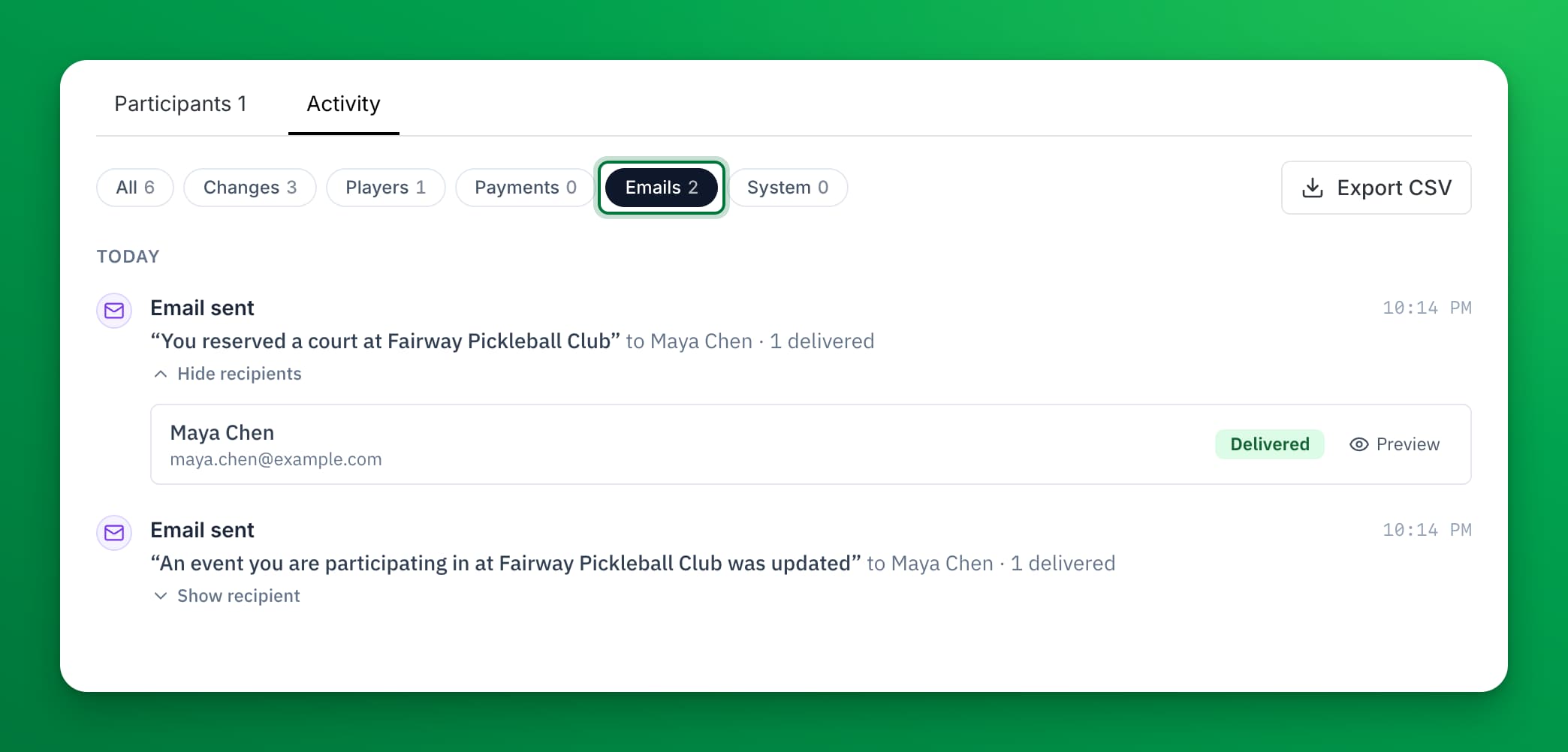 The Activity tab with the Emails filter selected. Two emails to Maya Chen show 1 delivered each. The first one is open and shows the recipient's name and email address, a Delivered status and a Preview button.