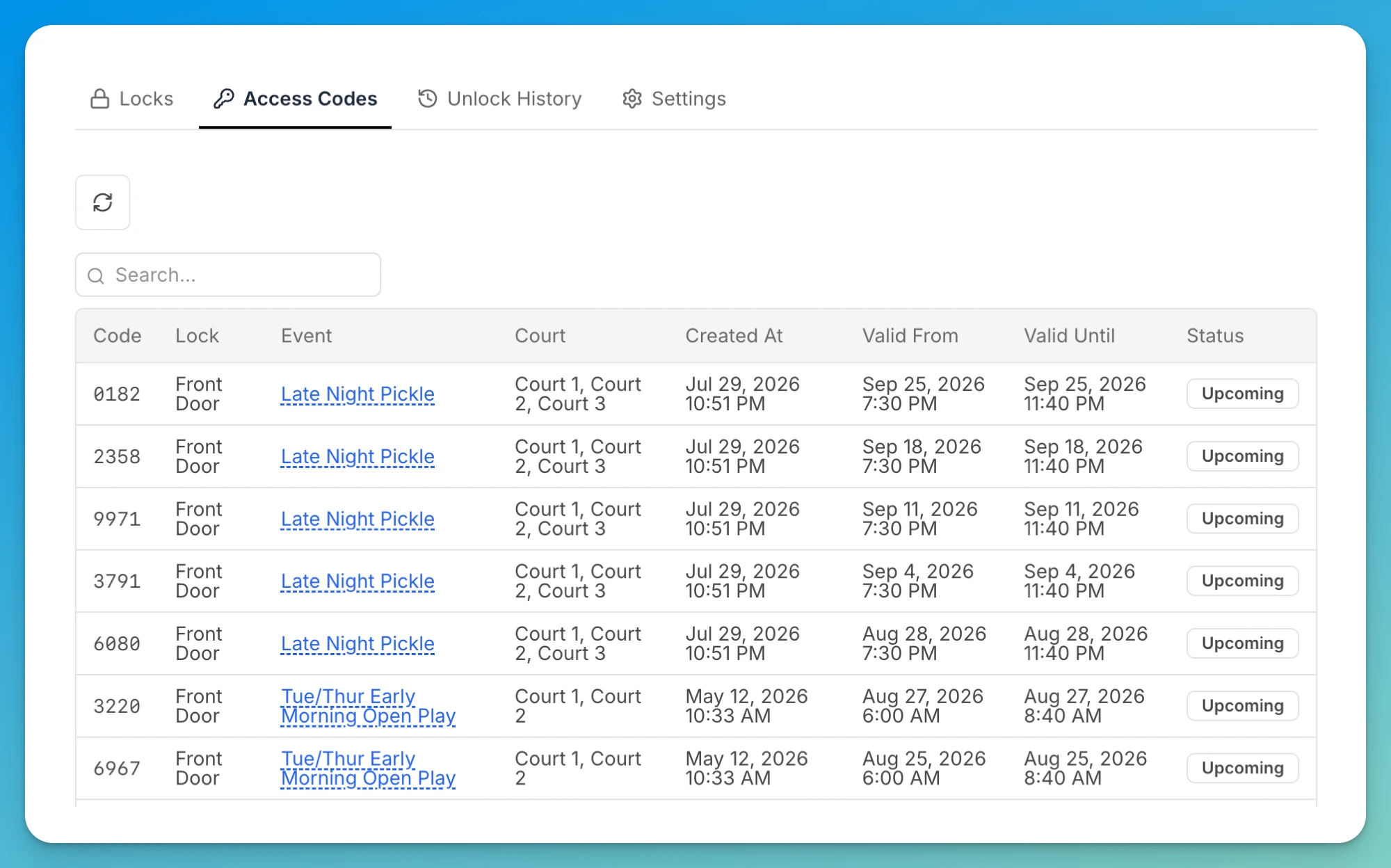 Access codes table with Code, Lock, Event, space, Valid From, Valid Until and Status columns, showing Upcoming rows.