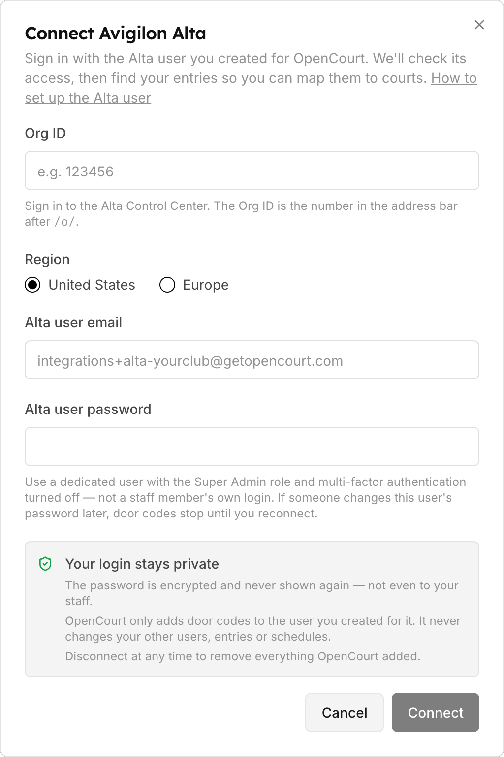 The Connect Avigilon Alta dialog with fields for Org ID, Region, Alta user email, and Alta user password, and a note that the login stays private.