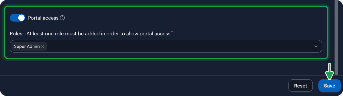 The bottom of the Alta Create user panel, with Portal access on, the Super Admin role selected, and the Save button.