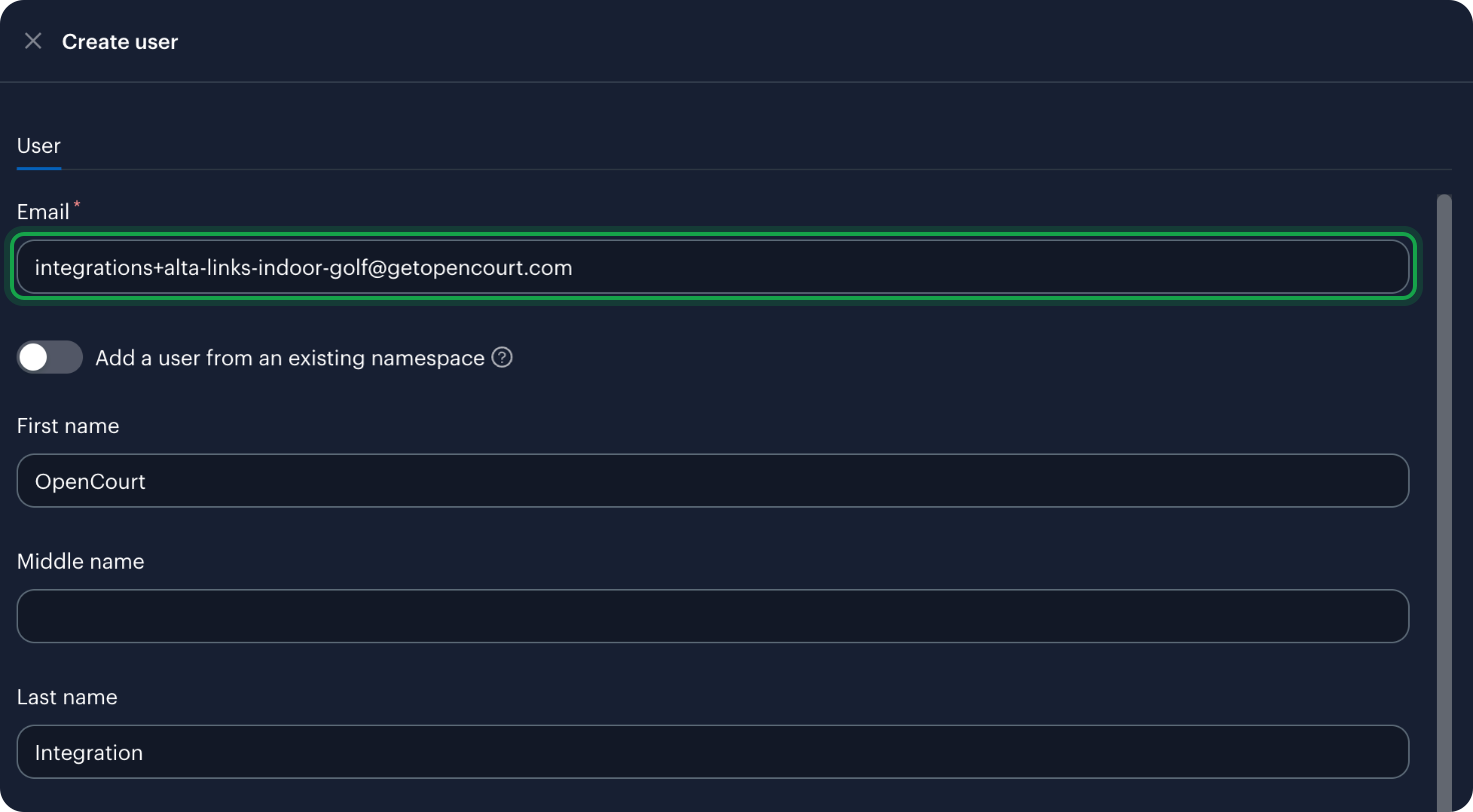 The top of the Alta Create user panel, with the OpenCourt email address entered and OpenCourt Integration as the name.