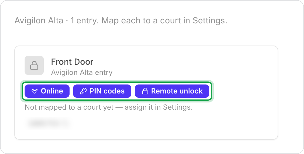 The Locks tab showing an Avigilon Alta entry with Online, PIN codes, and Remote unlock badges.