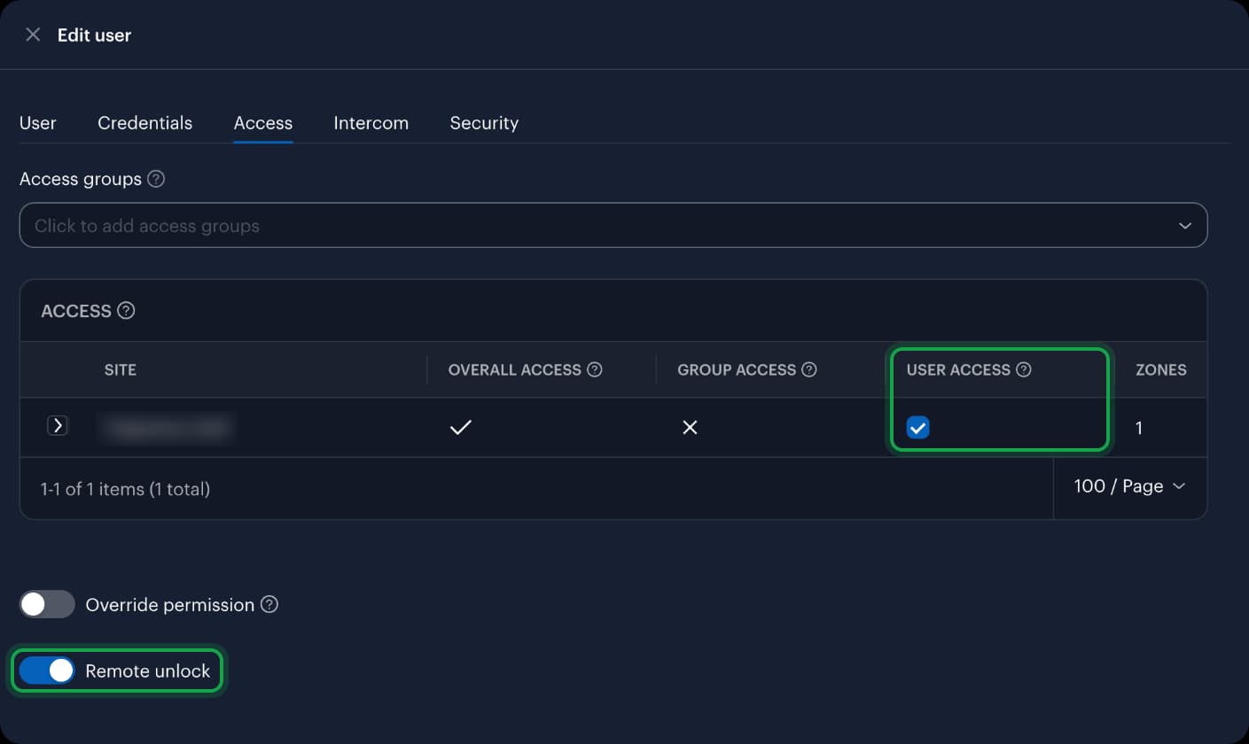 The Access tab of the Alta user, with User access checked for the site and Remote unlock on.