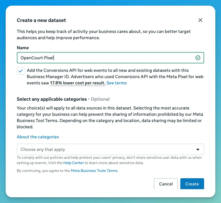 Create a new dataset dialog with a name and the Conversions API checkbox
