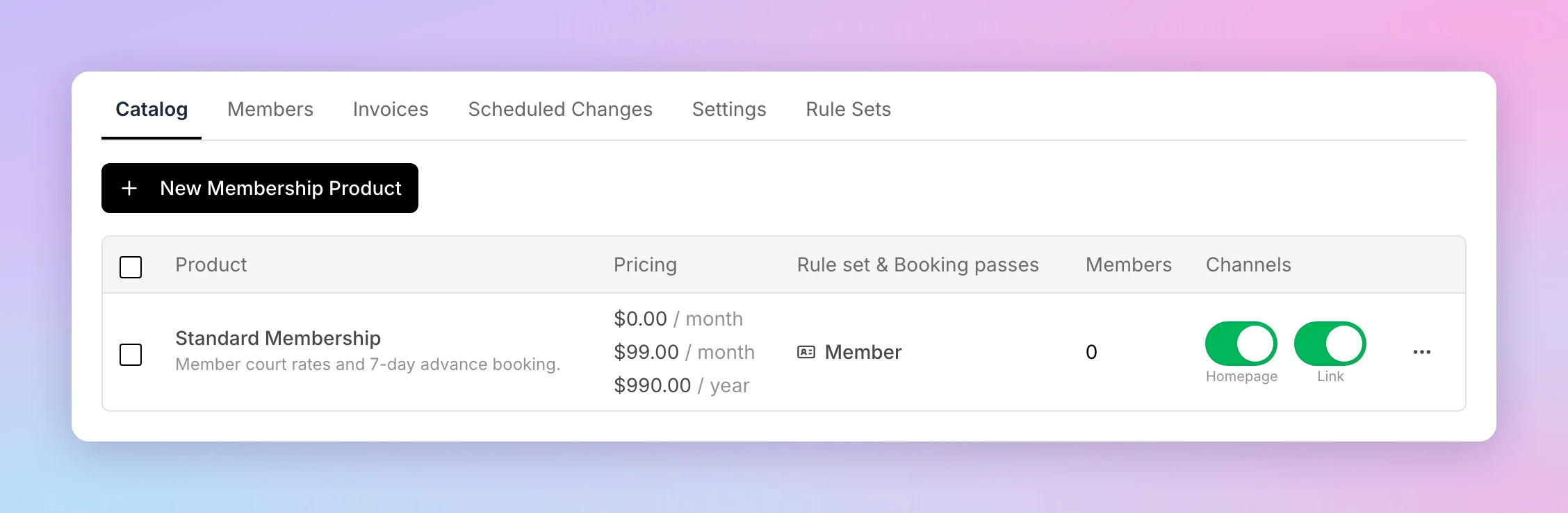 The Memberships Catalog tab with the New Membership Product button and one membership listed