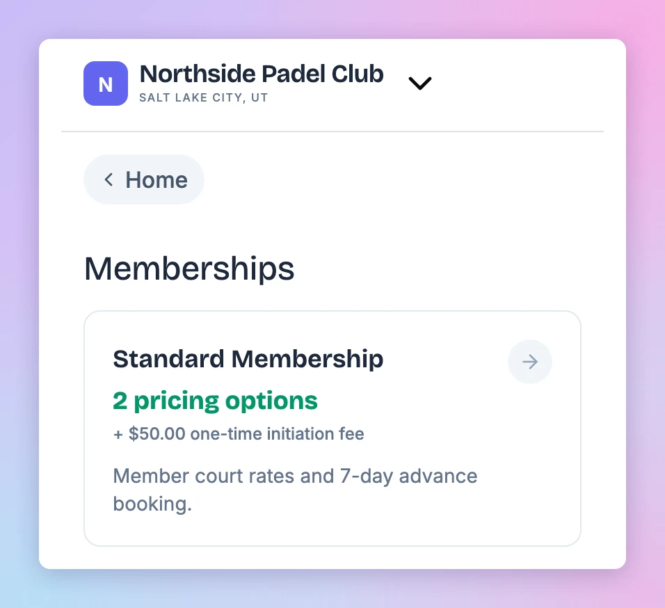 Customer memberships page on a phone showing Standard Membership with 2 pricing options and a $50.00 one-time initiation fee