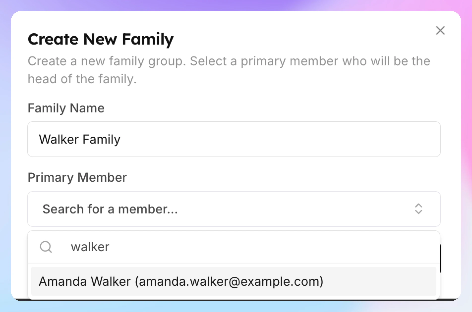 The Create New Family window with a family name and the primary member search