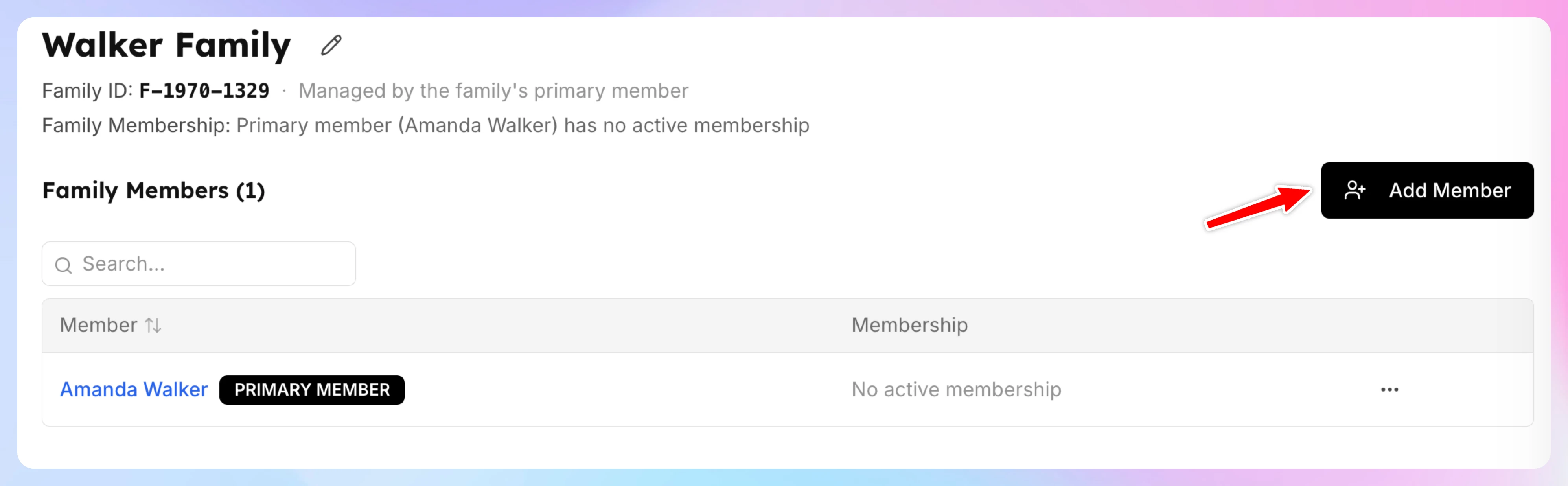 The family page with the Add Member button