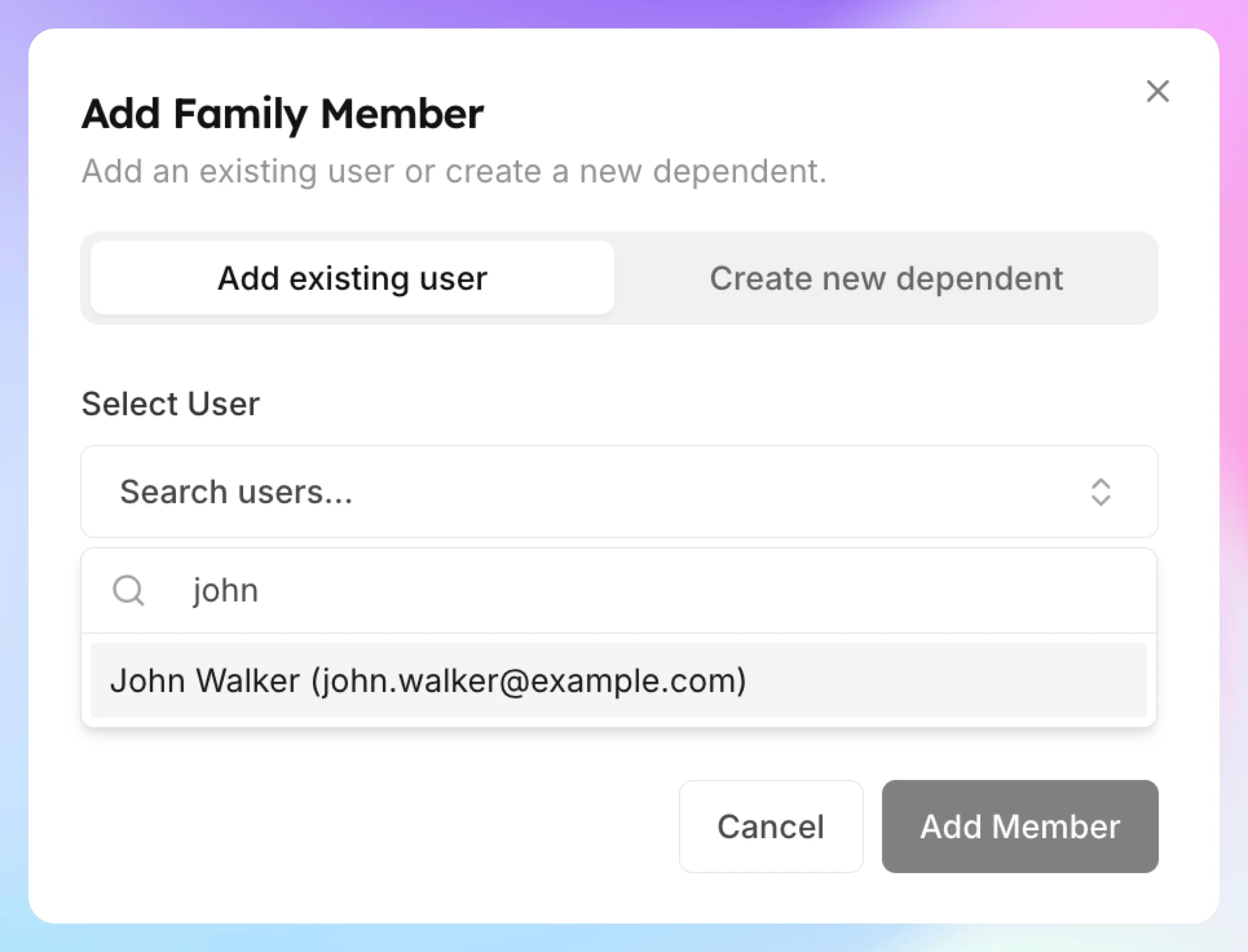 The Add existing user tab with a customer selected