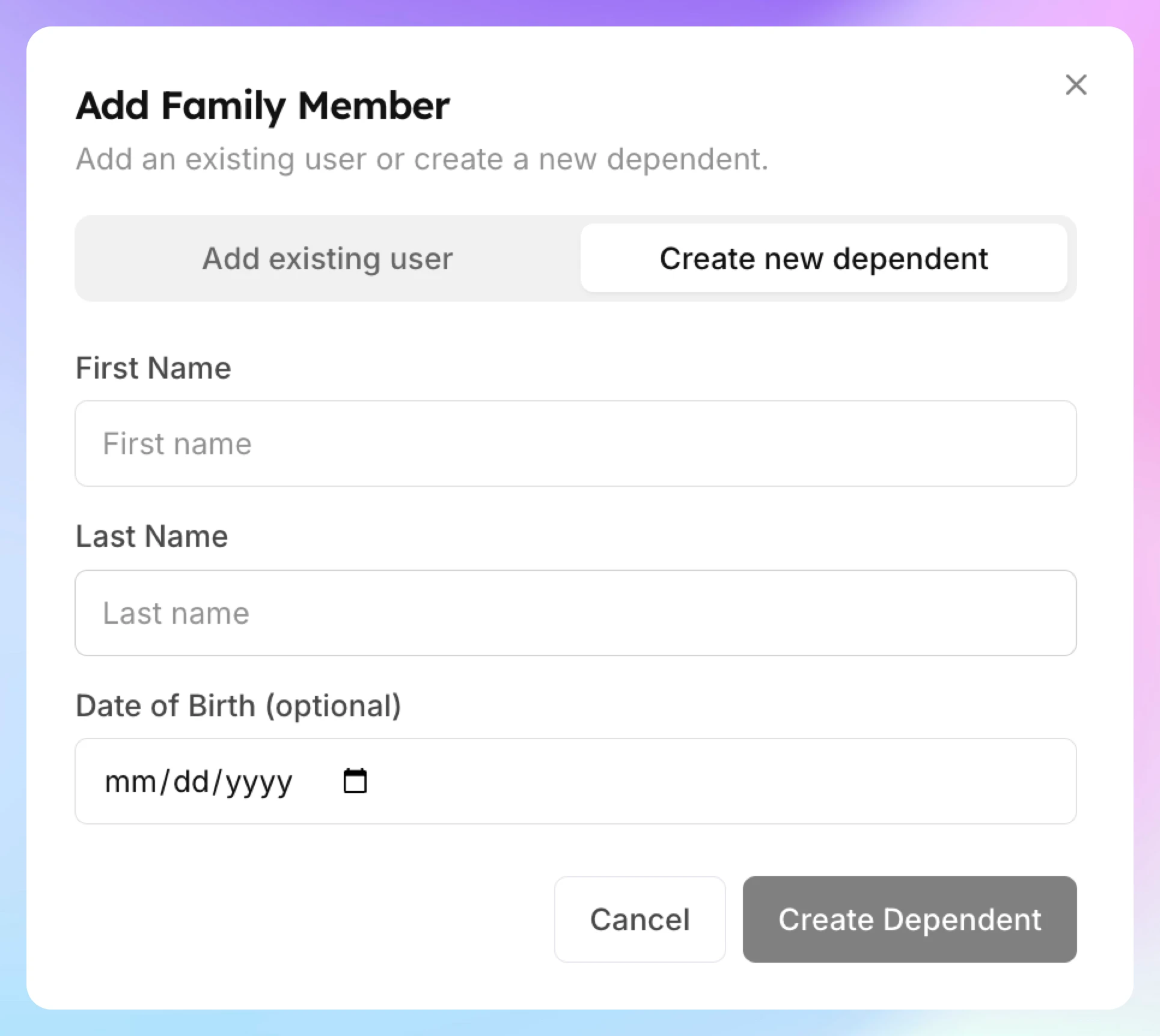 The Create new dependent tab with name and date of birth fields