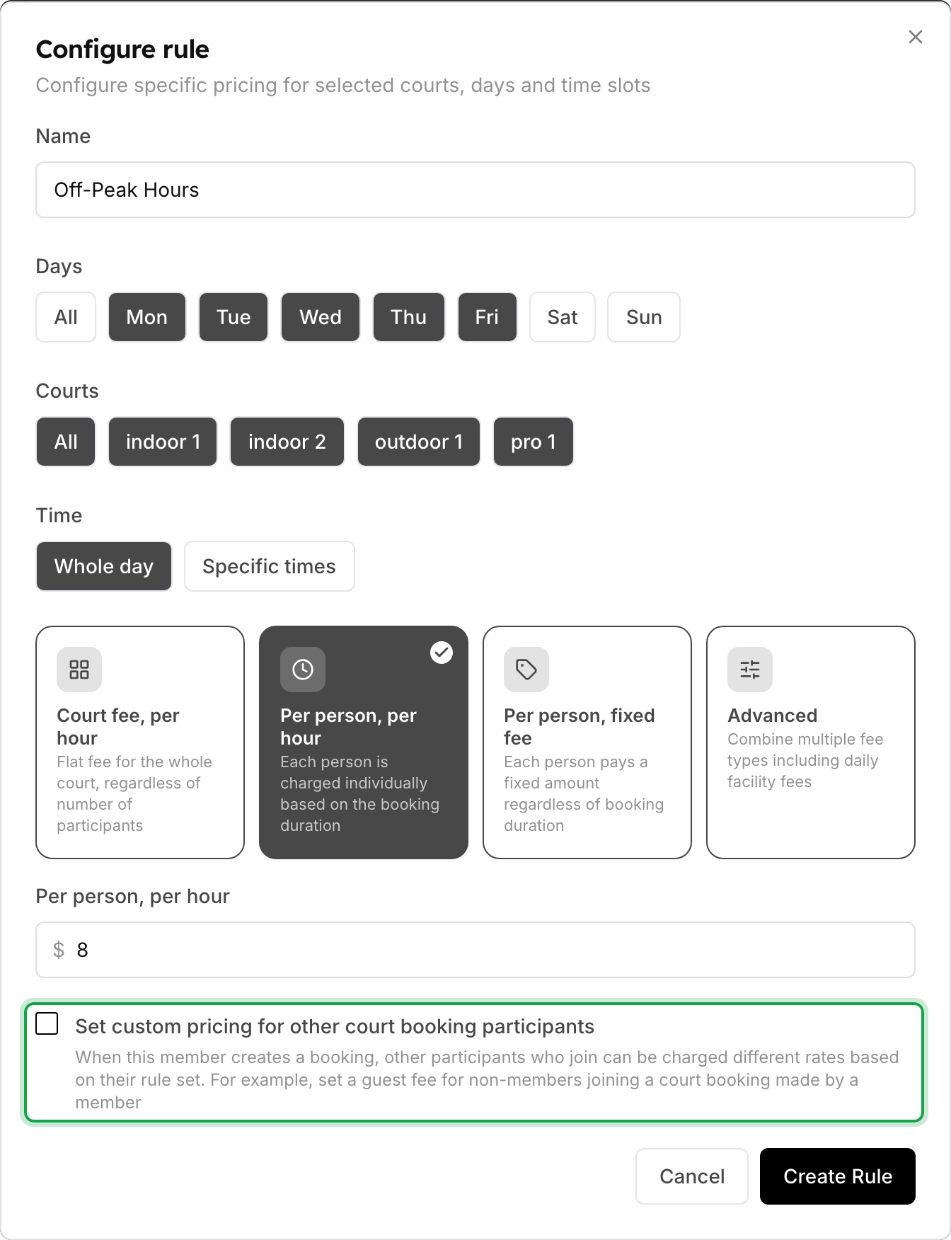 The Configure rule dialog for an Off-Peak Hours rule on Monday to Friday, all courts, whole day, at $8 per person per hour. The checkbox for custom pricing for other participants is marked