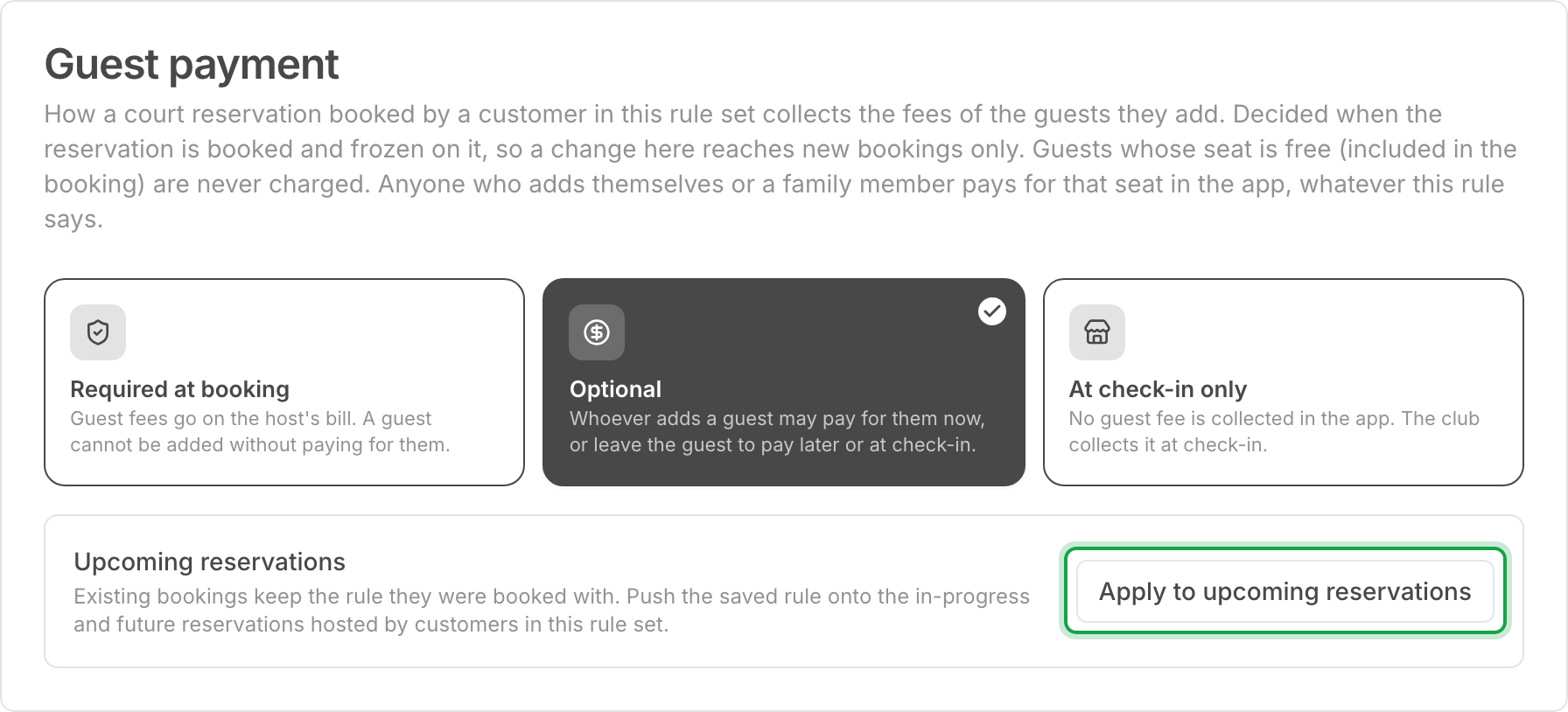 The Guest payment card with Optional selected, and the Apply to upcoming reservations button marked