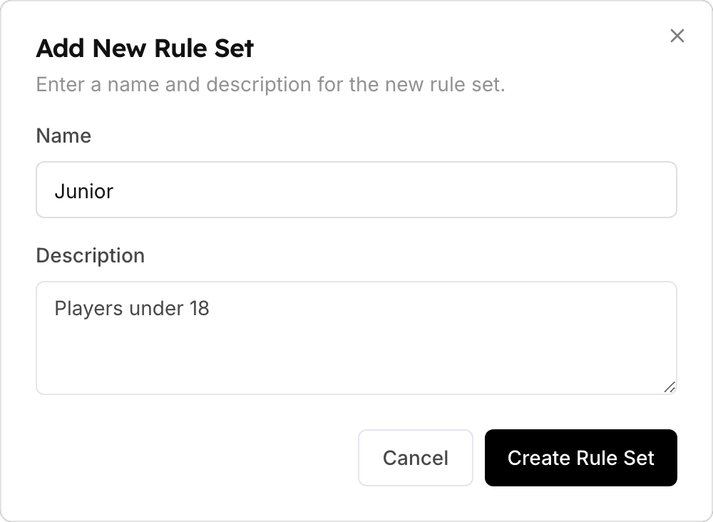 Add New Rule Set dialog with the name Junior and the description Players under 18