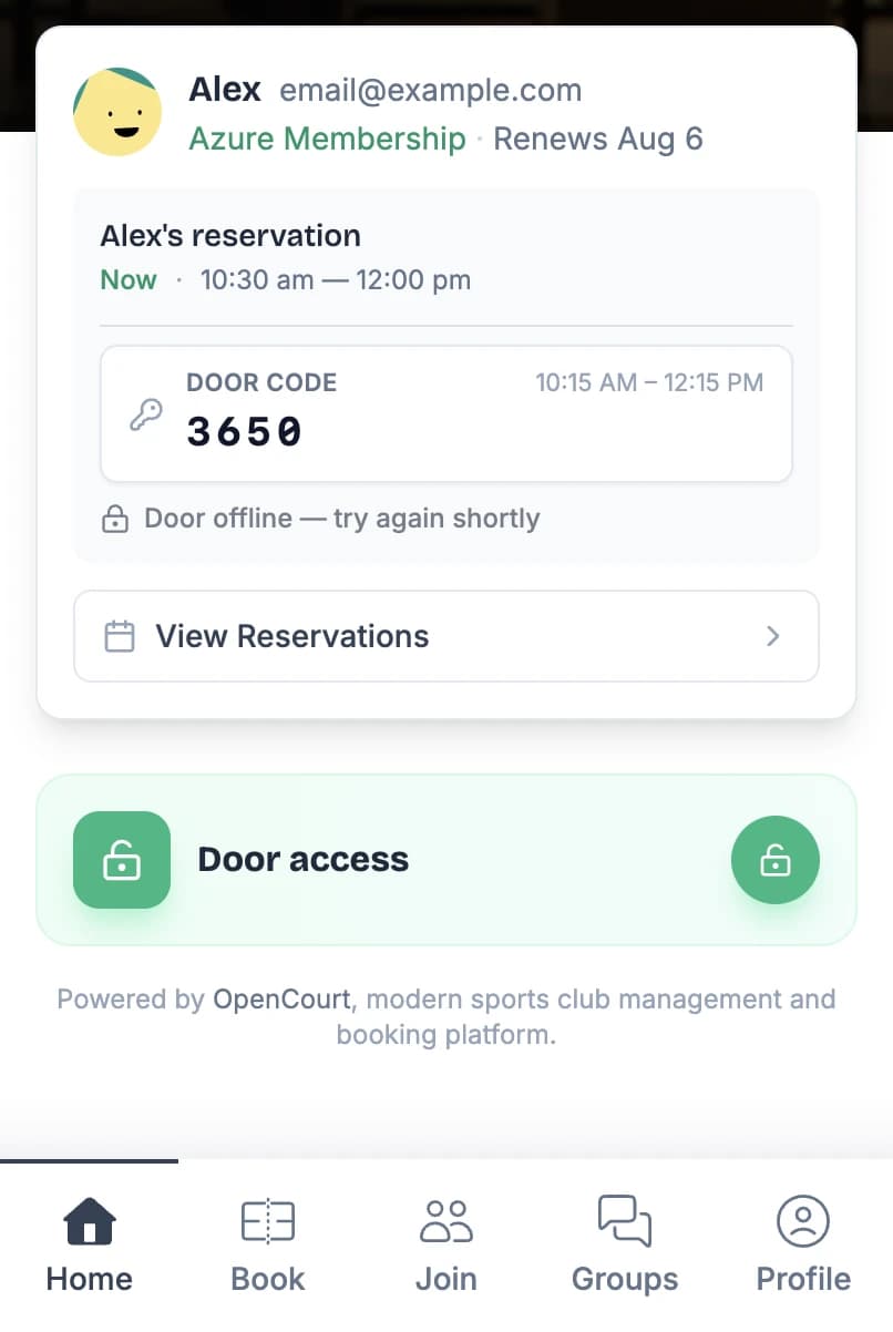 A reservation card in the OpenCourt app showing the DOOR CODE with the hours it's active, and a Door access button below.