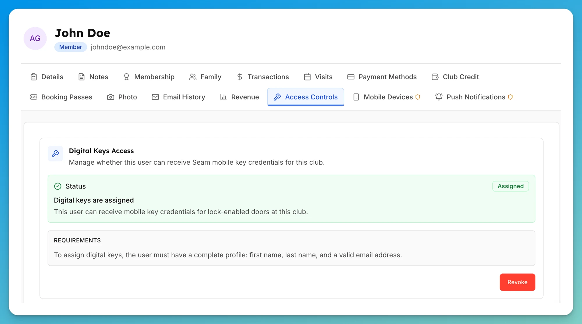 The Access Controls tab on a customer's admin profile, showing the Digital Keys Access card with an Assigned status and a Revoke button.