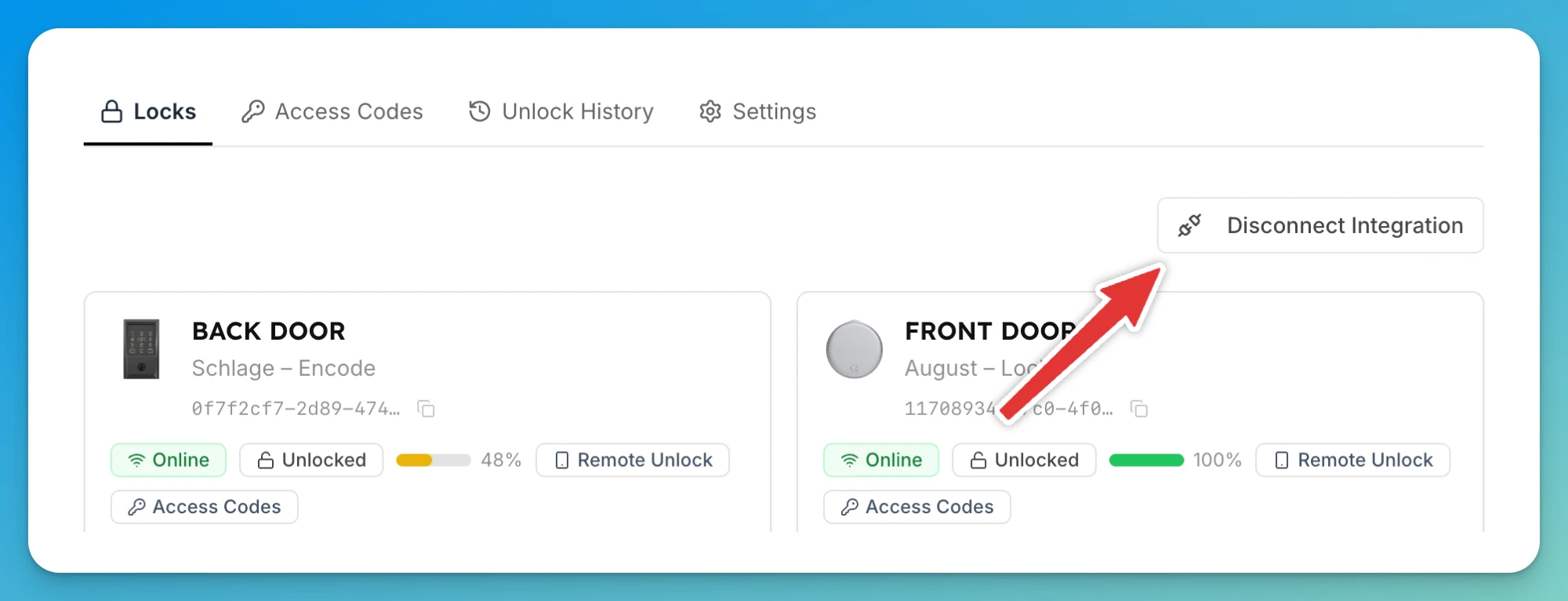 The Locks tab with the Disconnect Integration button at the top right, above the lock cards.