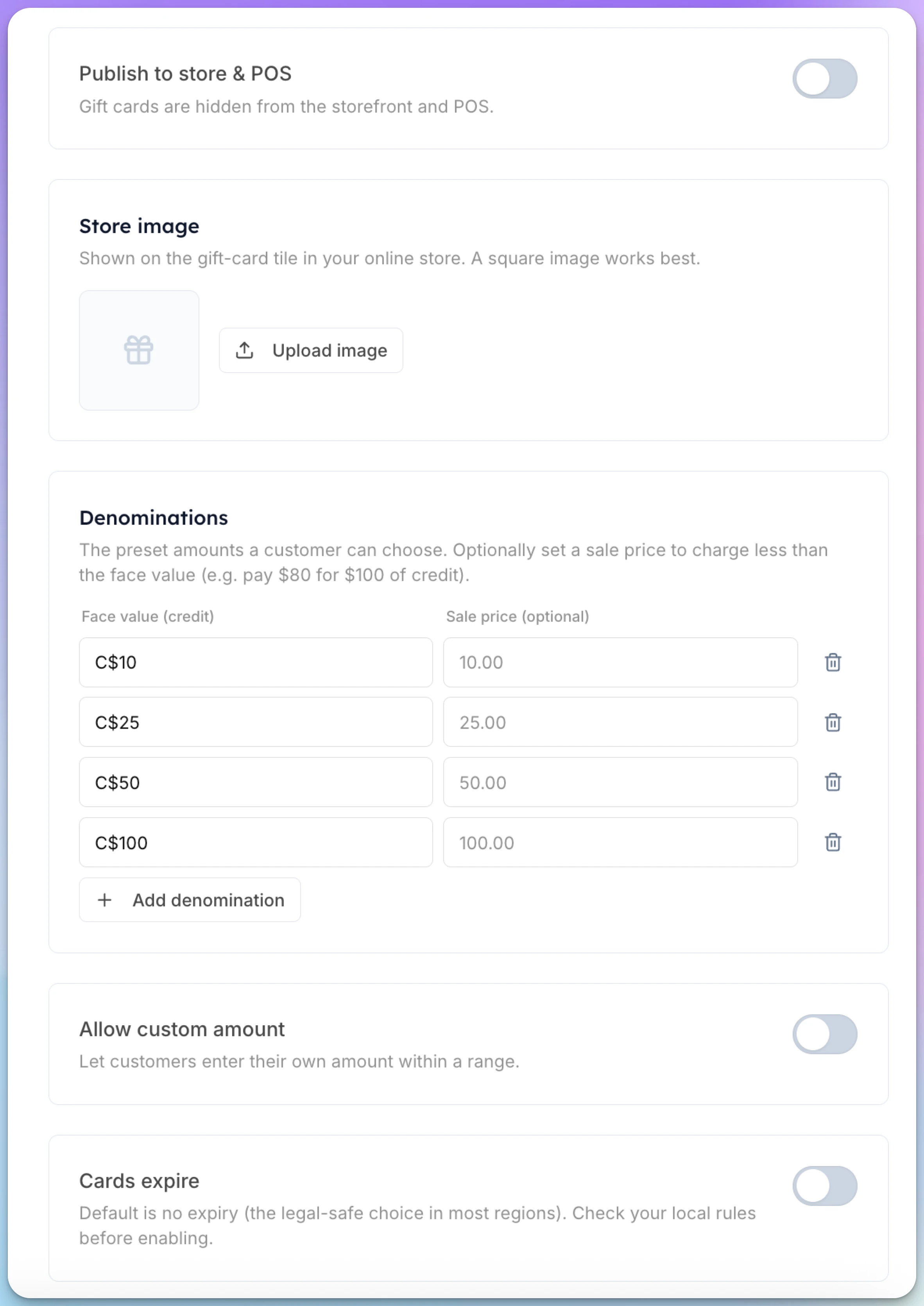 Gift card settings with the Publish to store and POS switch, store image, four denominations with optional sale prices, and the custom amount and expiry switches